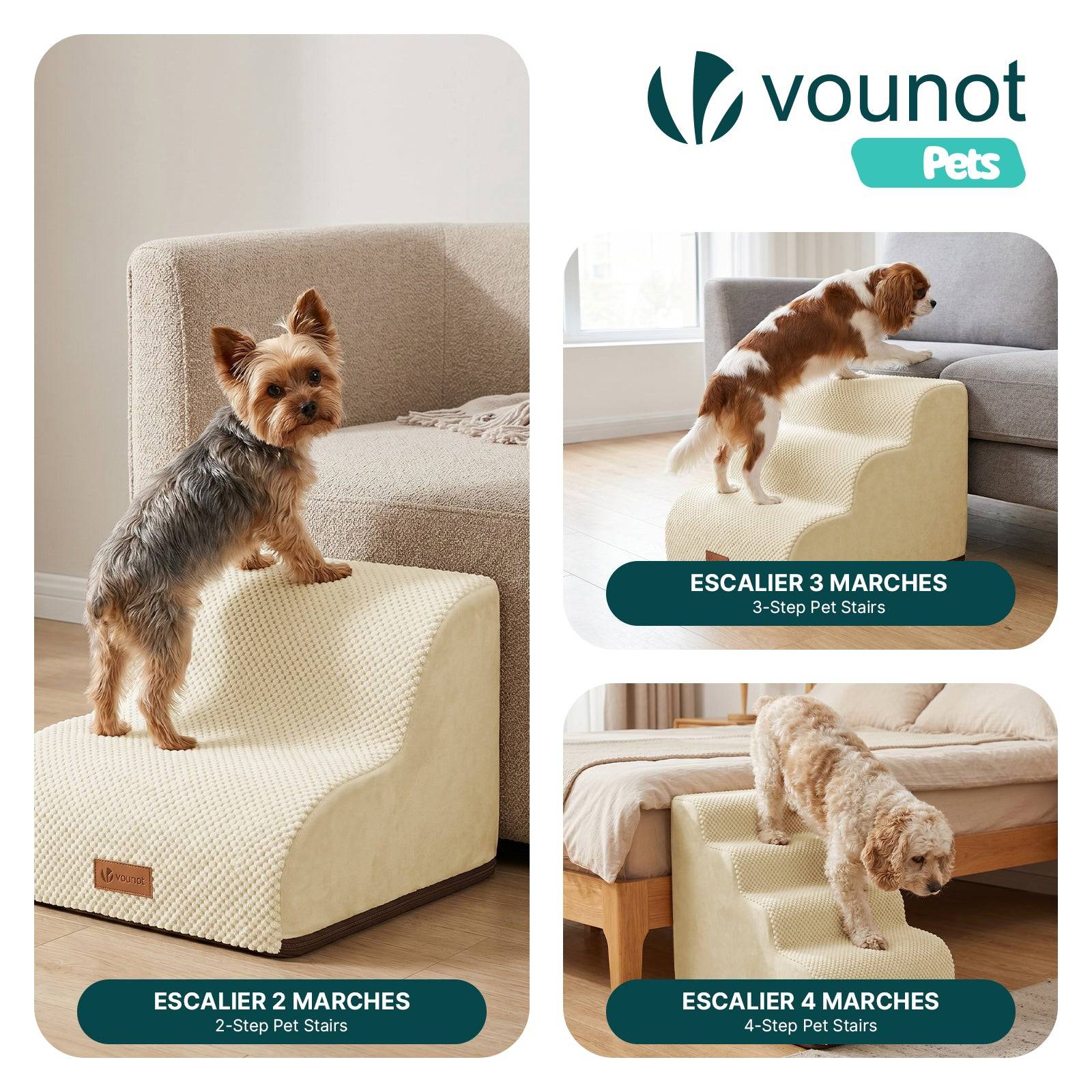Vounot - Escalier pour chien et chat en mousse haute densite et housse lavable 72x40x50cm beige - Image 7