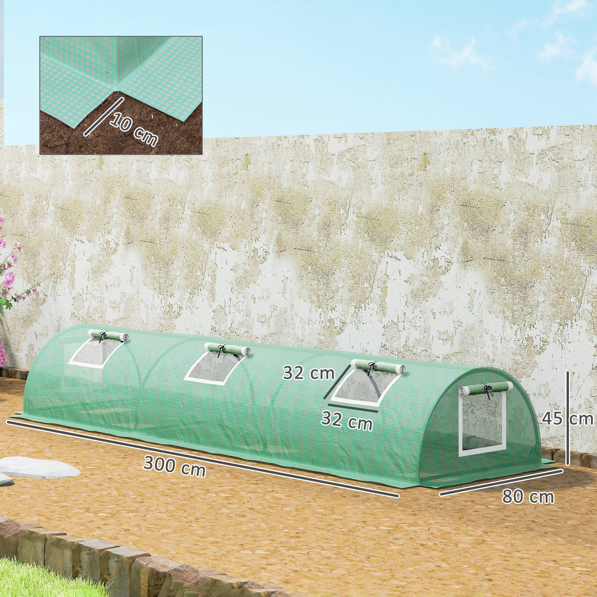 Mini-Serre de Forçage pour Potager Acier et Bâche PE Anti-UV 5 Fenêtres 300x80x45 cm Vert - ComfortXL Outdoor Living - Image 5