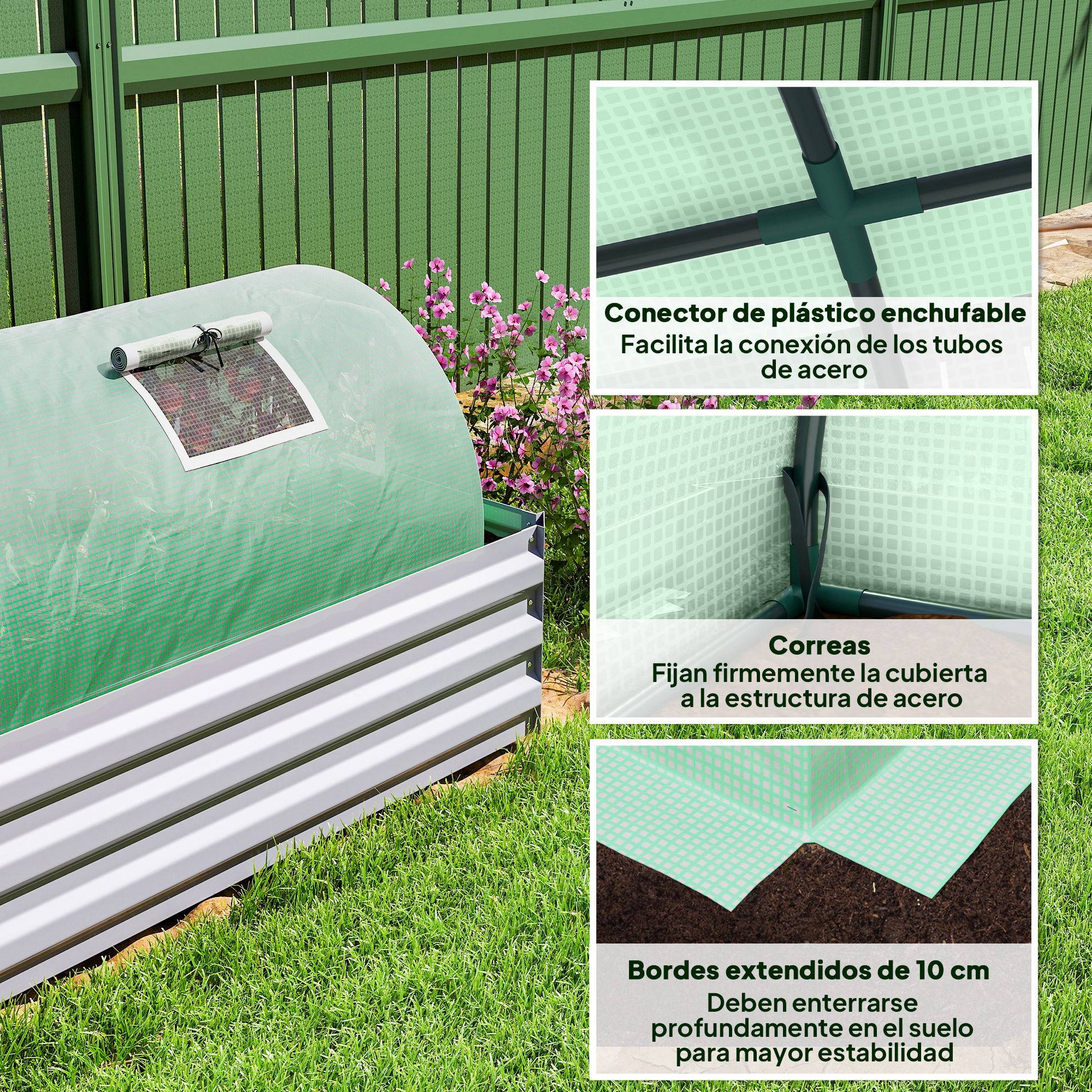 Mini-Serre de Forçage pour Potager Acier et Bâche PE Anti-UV 5 Fenêtres 300x80x45 cm Vert - ComfortXL Outdoor Living - Image 8