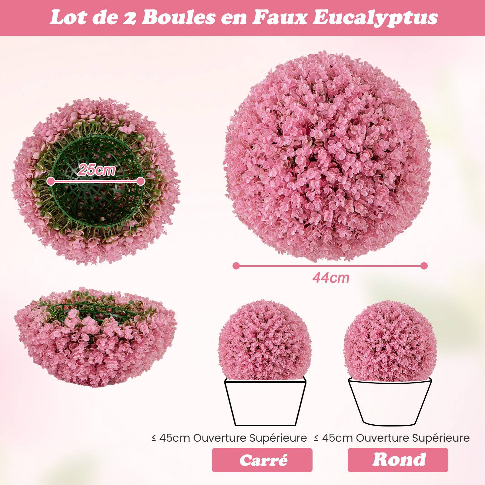 Lot de 2 Boules Topiaire Artificielle 44 cm, 2 Fausses Plantes avec 7 Couches de Feuille, Sphère de Jardin Décoratif Intérieur Extérieur, Rose - Image 3