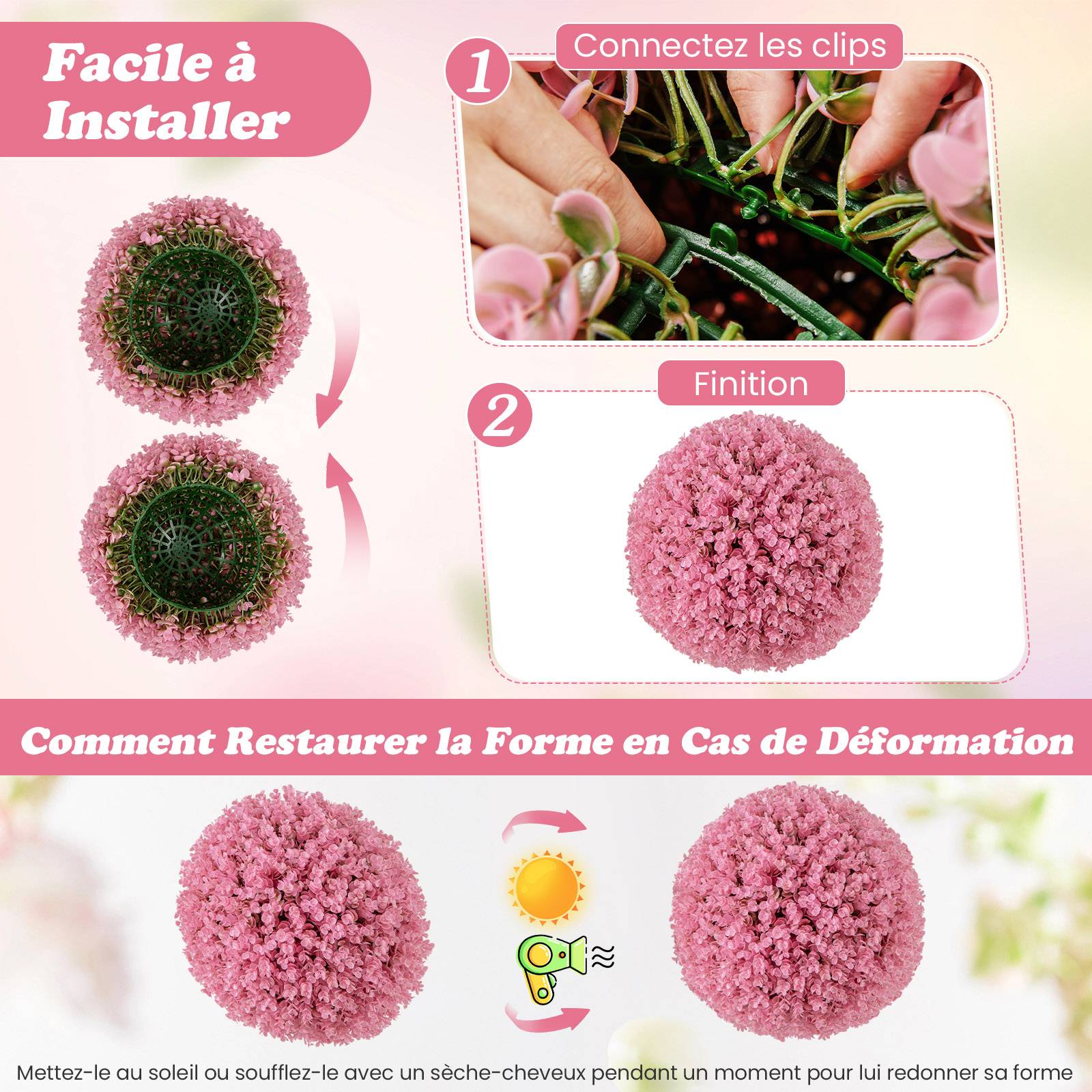 Lot de 2 Boules Topiaire Artificielle 44 cm, 2 Fausses Plantes avec 7 Couches de Feuille, Sphère de Jardin Décoratif Intérieur Extérieur, Rose - Image 4