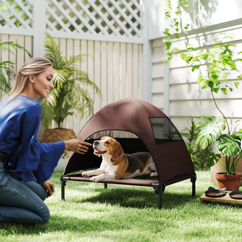 Lit de Camp Chien Surélevé avec Toit Polyester Extérieur 76x61cm Café - ComfortXL Pet Living - Image 1
