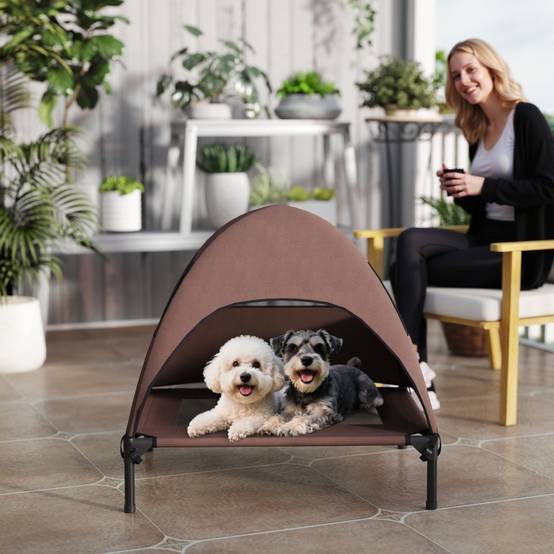 Lit de Camp Chien Surélevé avec Toit Polyester Extérieur 76x61cm Café - ComfortXL Pet Living - Image 8