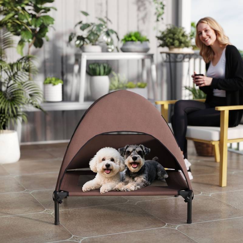 Lit de Camp Chien Surélevé avec Toit Polyester Extérieur 76x61cm Café - ComfortXL Pet Living - Image 8