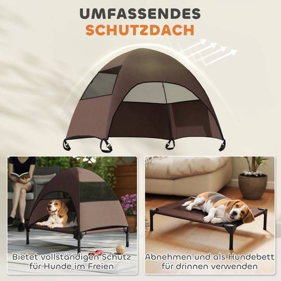 Lit de Camp Chien Surélevé avec Toit Polyester Extérieur 76x61cm Café - ComfortXL Pet Living - Image 4