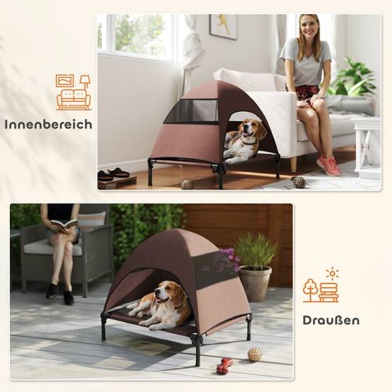 Lit de Camp Chien Surélevé avec Toit Polyester Extérieur 76x61cm Café - ComfortXL Pet Living - Image 7
