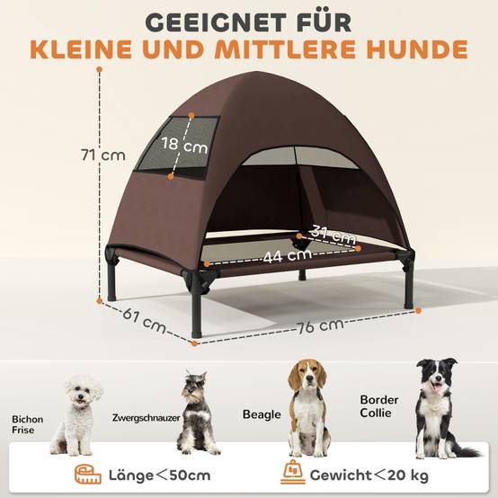 Lit de Camp Chien Surélevé avec Toit Polyester Extérieur 76x61cm Café - ComfortXL Pet Living - Image 3