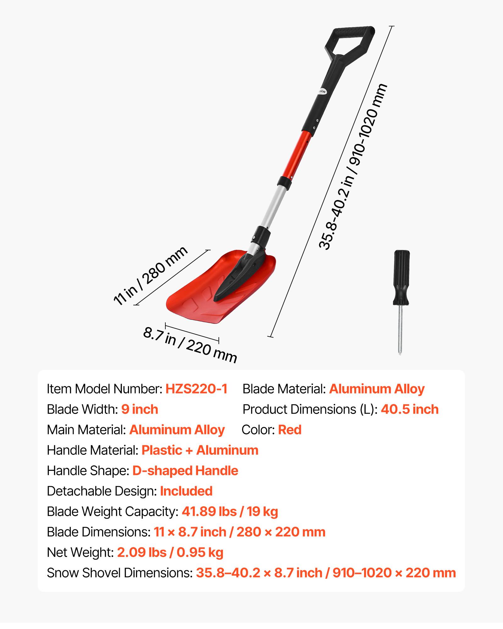 Vevor - VEVOR Pelle à neige pliable 22 cm large réglable de 91 à 102 cm pour extérieur - Image 7