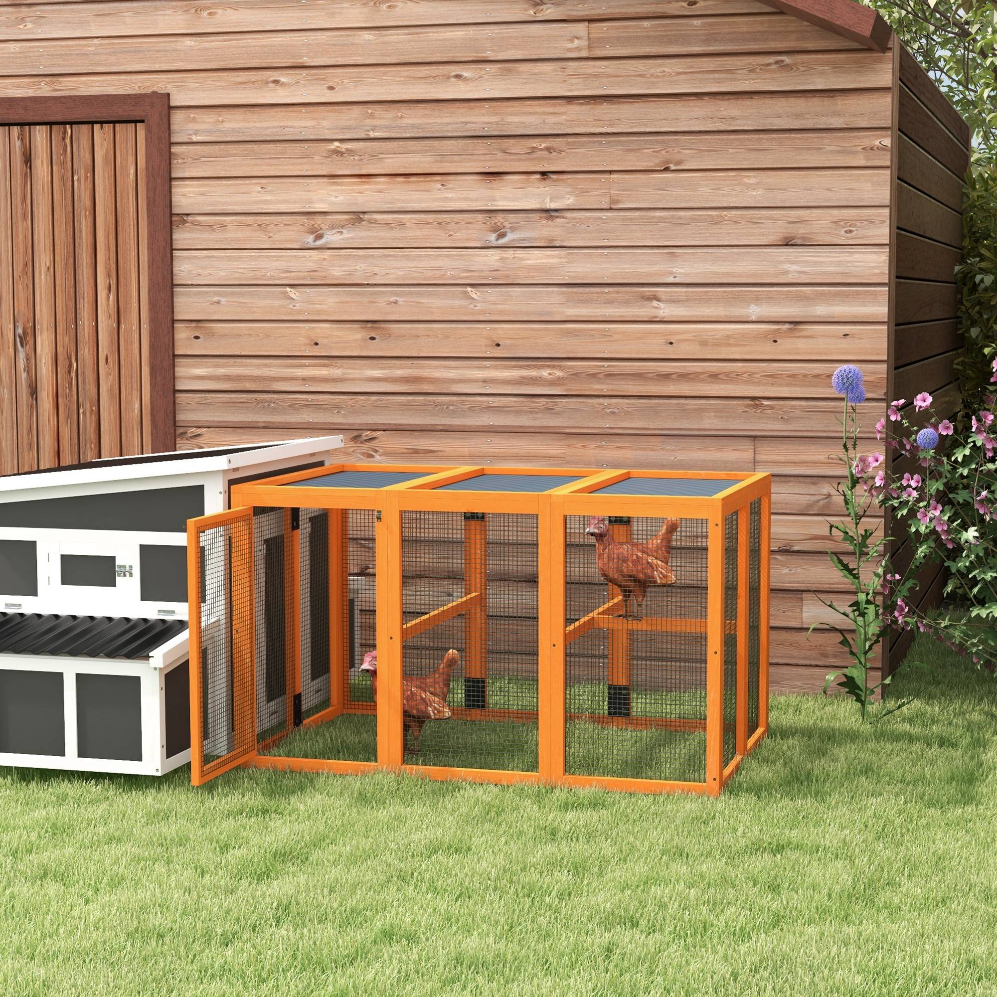 Poulailler pour 1 à 3 poules, structure en bois et grillage d'acier, extensible, perchoirs en bois, orange - Image 4