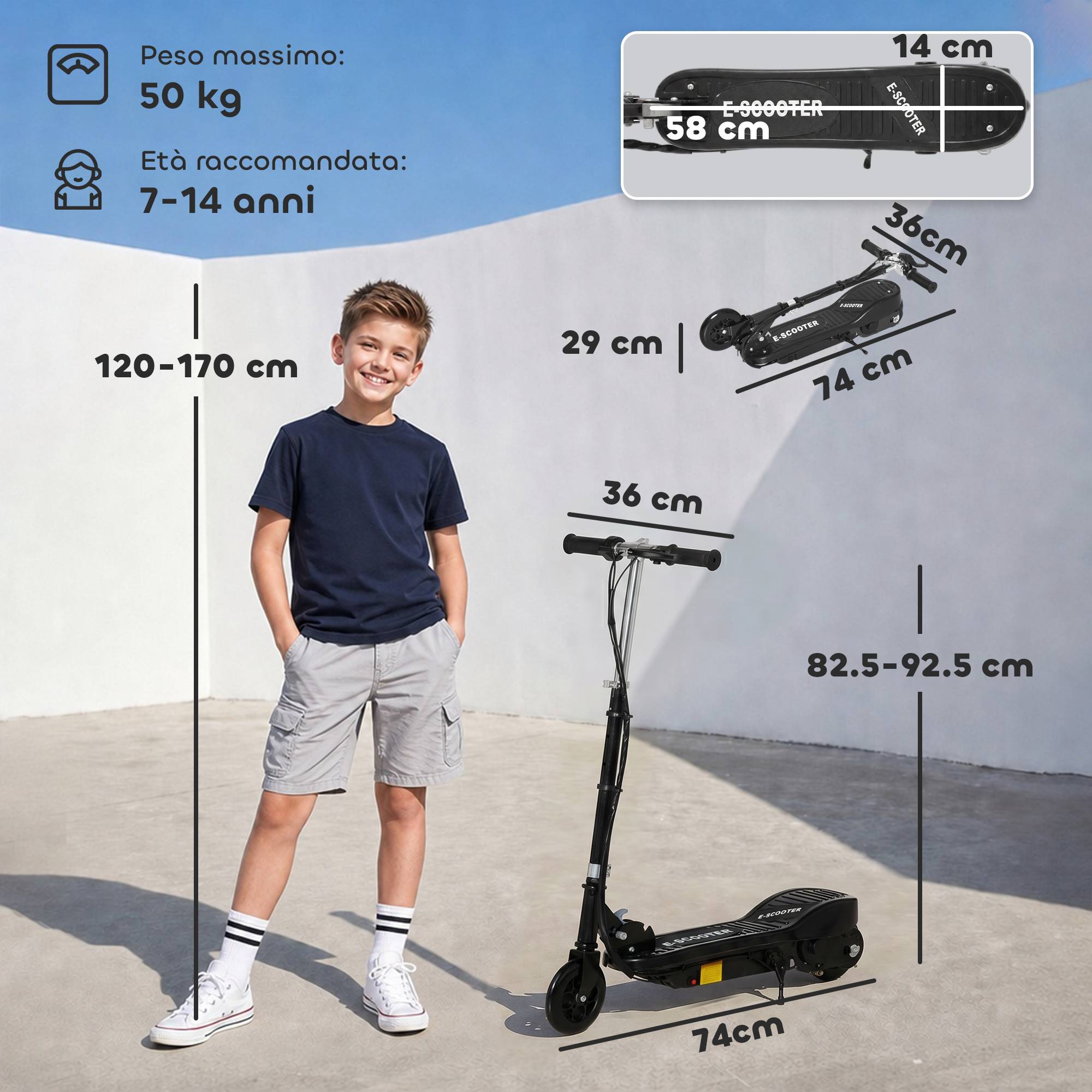 Trottinette électrique pliable pour enfants 120W, vitesse max 12km/h, 74x36x69-91 cm, noir - Image 5