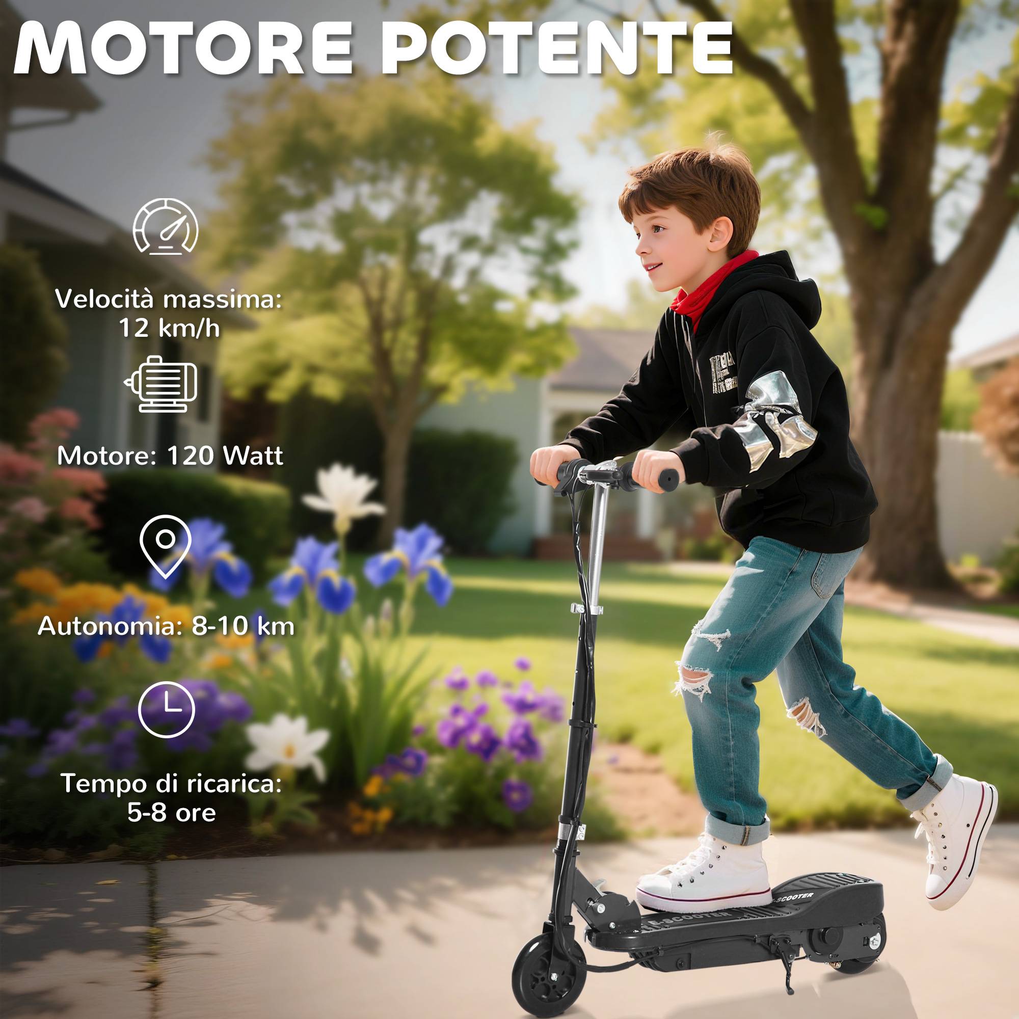 Trottinette électrique pliable pour enfants 120W, vitesse max 12km/h, 74x36x69-91 cm, noir - Image 6