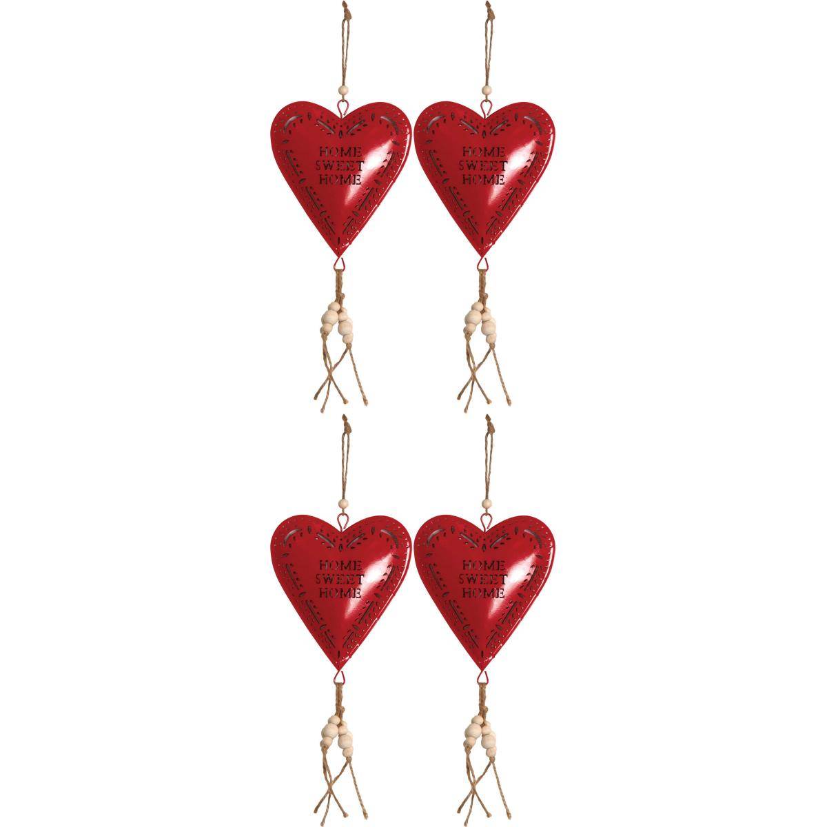 Aubry Gaspard - Coeur rouge en métal à suspendre Sweet home 14 cm (Lot de 4)