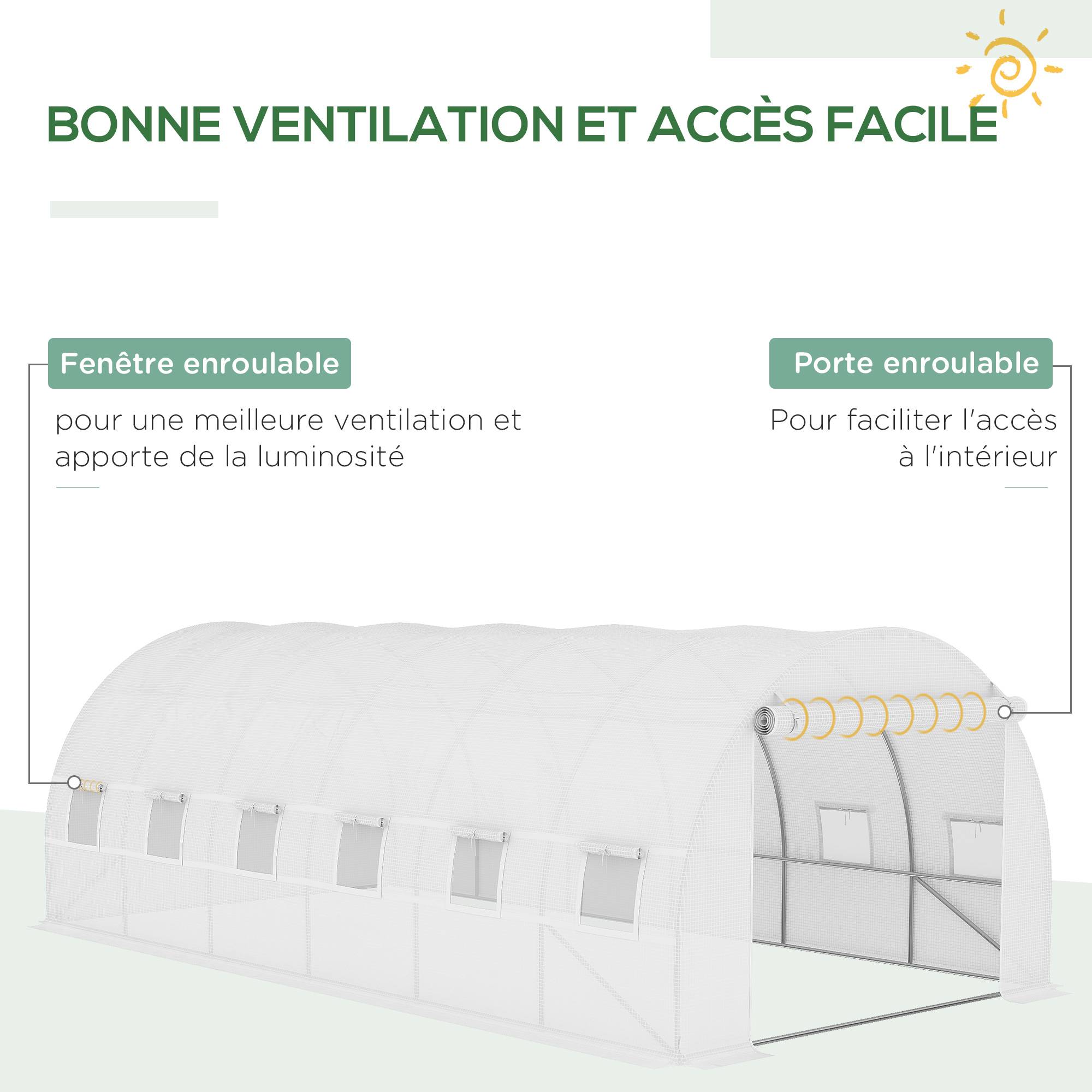 Outsunny - Bâche de rechange serre tunnel 18 m², bâche dim. 6L x 3l x 2H m PE anti-UV imperméable 12 fenêtres + porte enroulable zippée blanc - Outsunny - Imagen 4