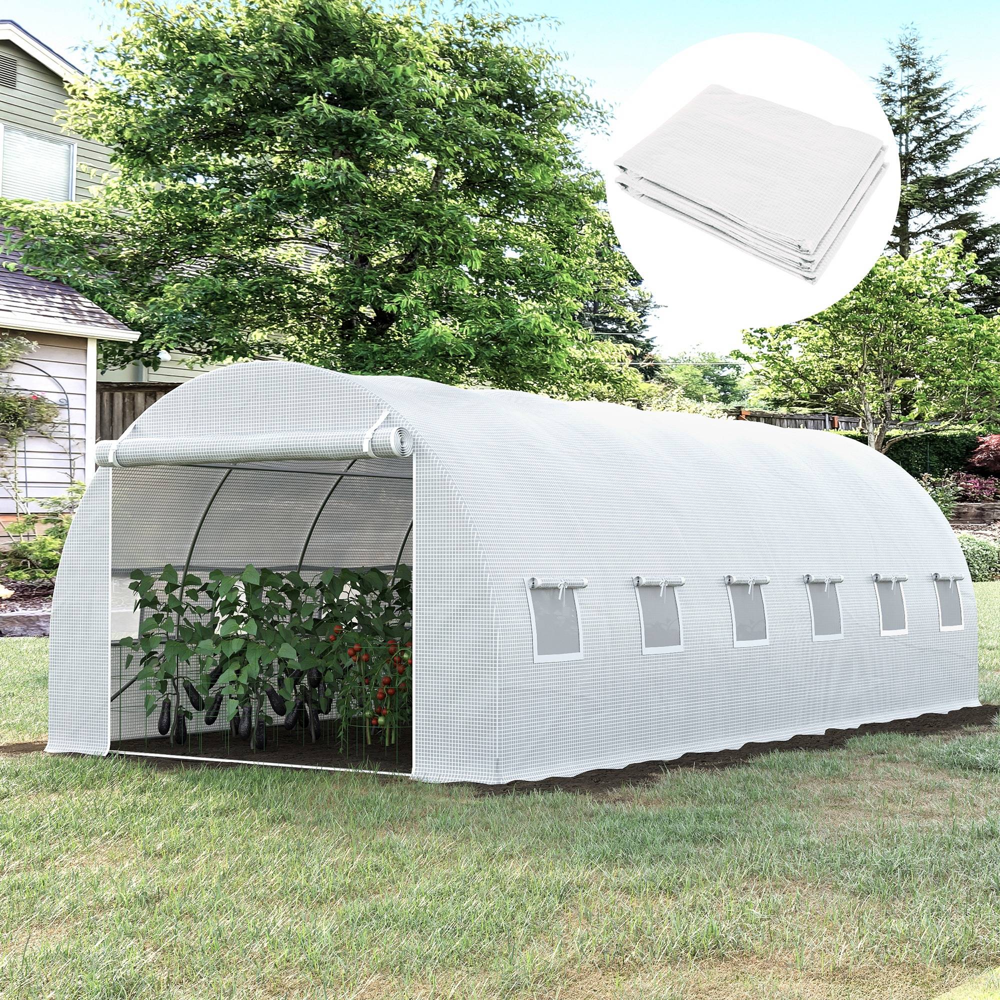 Outsunny - Bâche de rechange serre tunnel 18 m², bâche dim. 6L x 3l x 2H m PE anti-UV imperméable 12 fenêtres + porte enroulable zippée blanc - Outsunny - Imagen 2