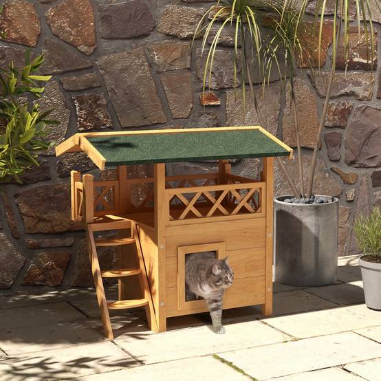 Maisonnette pour chat bois naturel et vert 77 x 50 x 73 cm - PANGIVO - Image 4