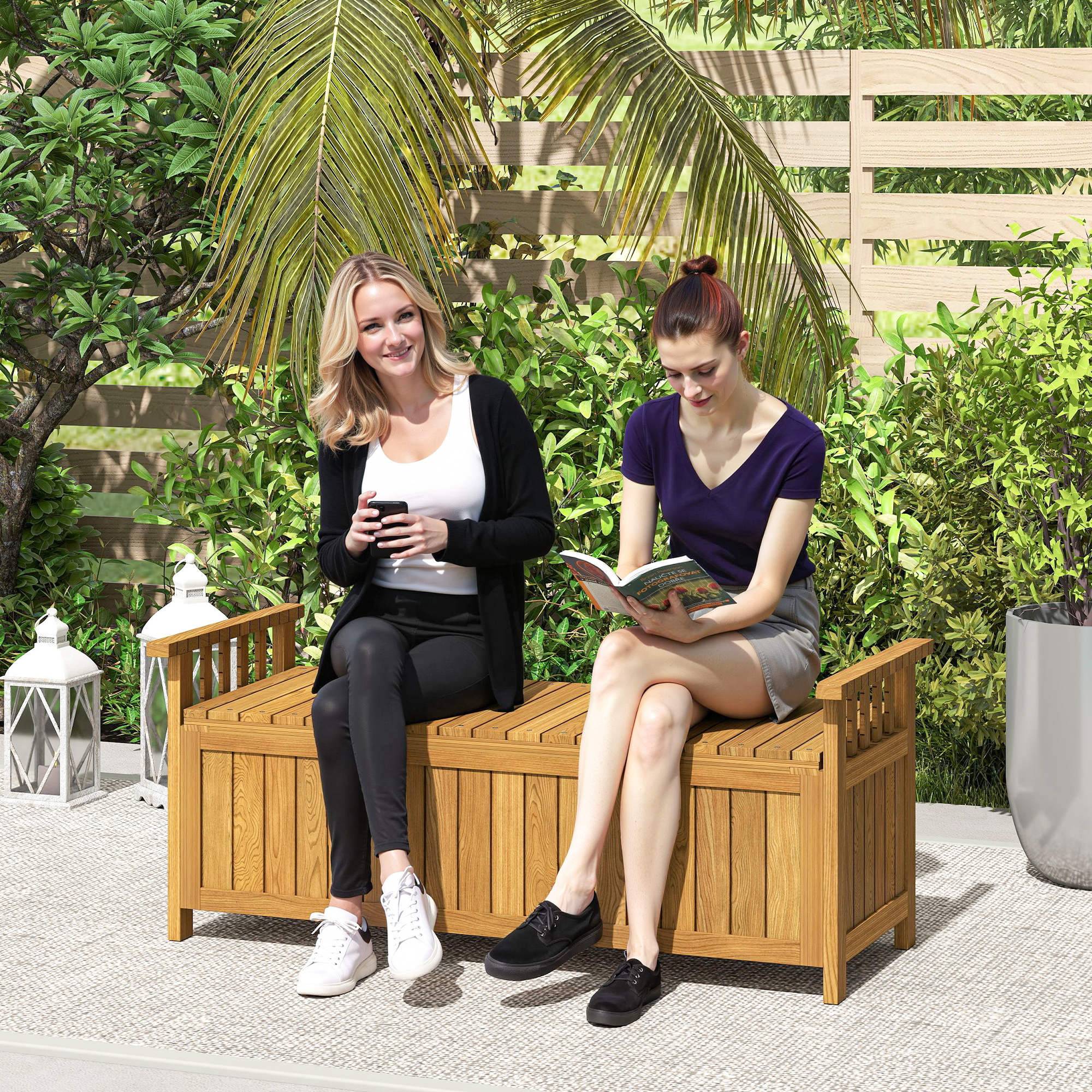 Sans Marque - Banc jardin 2 places bois rangement 151L extérieur accessoires 128,5x56x53,5 cm marron - Image 3