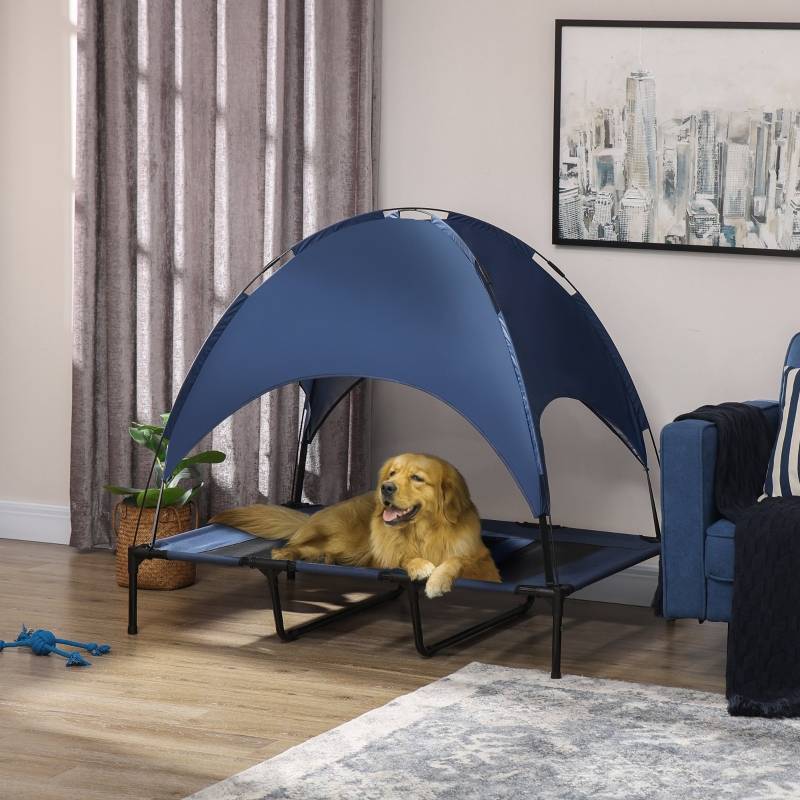 Lit pour chien extérieur avec auvent pliable 122 x 92 x 108 cm acier et tissu oxford 600D bleu foncé et noir - PANGIVO - Image 2