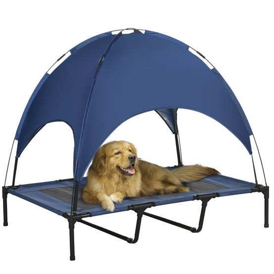 Lit pour chien extérieur avec auvent pliable 122 x 92 x 108 cm acier et tissu oxford 600D bleu foncé et noir - PANGIVO - Image 1