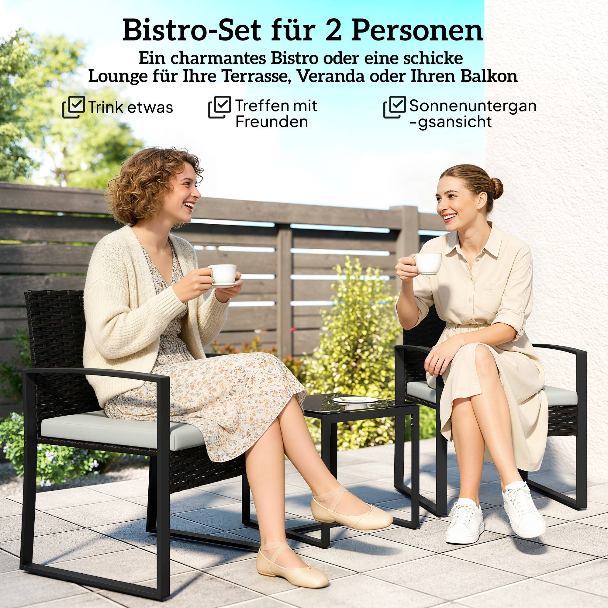 Ensemble bistro rotin 3 pièces : 2 fauteuils de jardin + table basse, coussins amovibles, crème blanc - Image 4