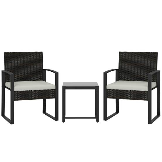 Ensemble bistro rotin 3 pièces : 2 fauteuils de jardin + table basse, coussins amovibles, crème blanc - Image 1