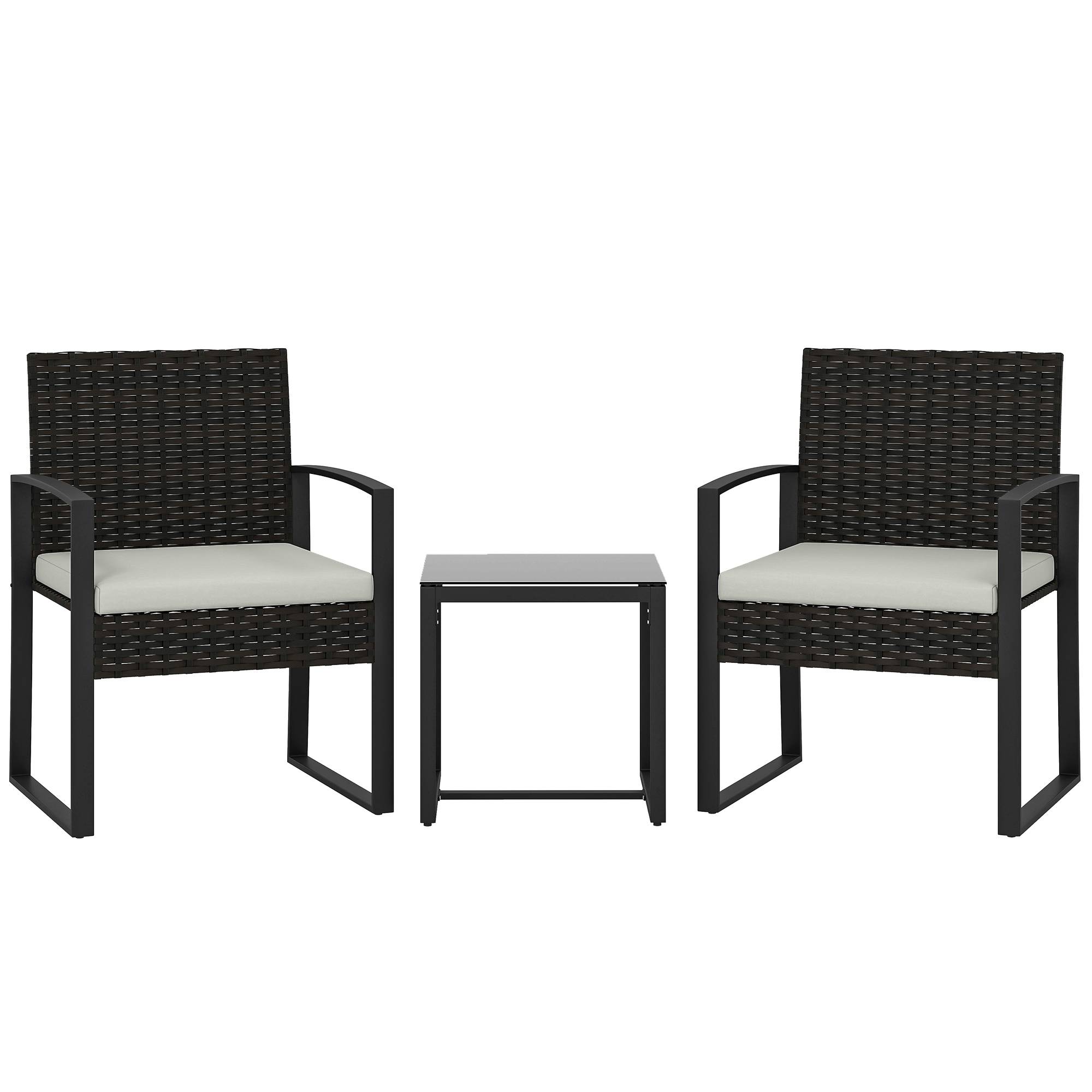 Ensemble bistro rotin 3 pièces : 2 fauteuils de jardin + table basse, coussins amovibles, crème blanc - Image 1