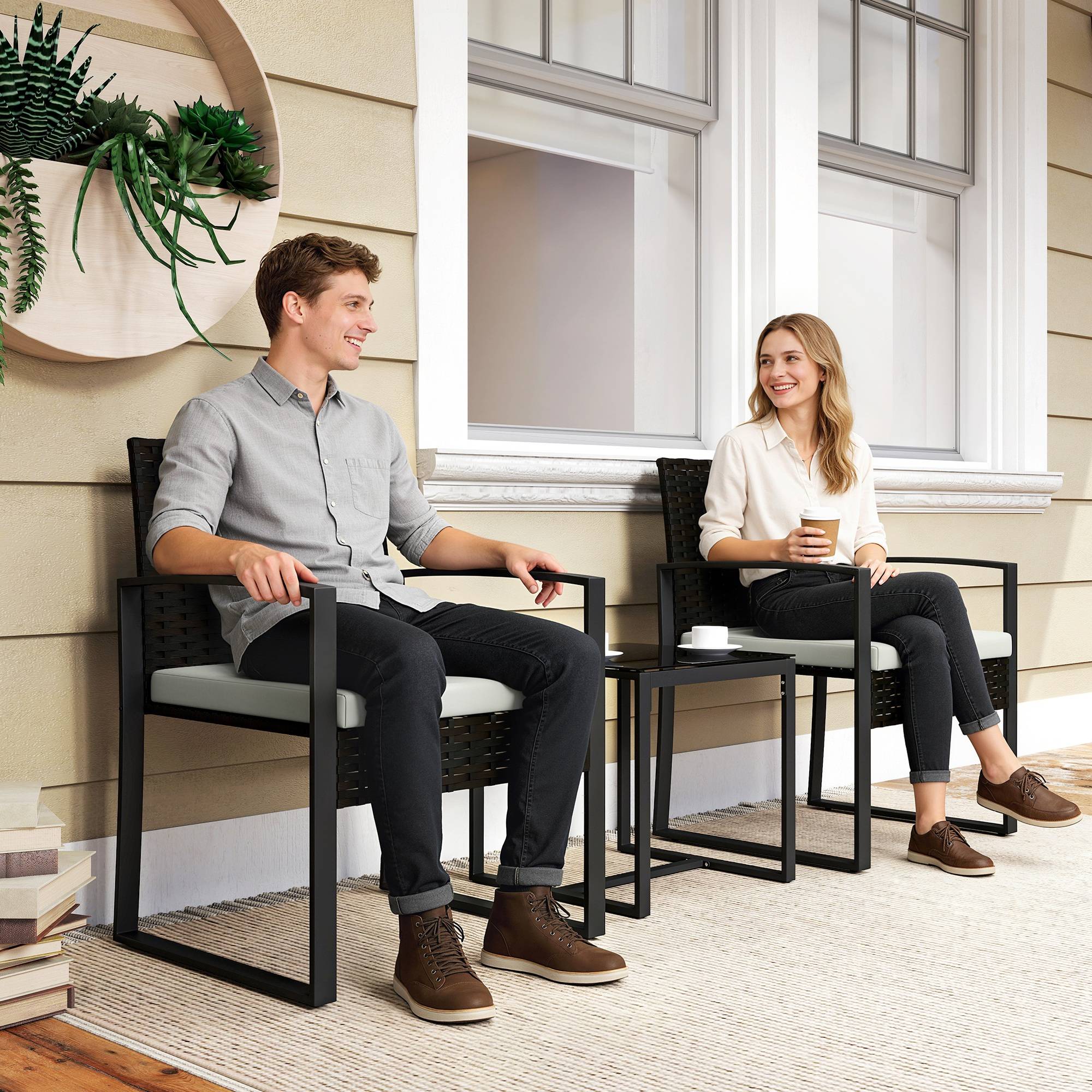 Ensemble bistro rotin 3 pièces : 2 fauteuils de jardin + table basse, coussins amovibles, crème blanc - Image 9