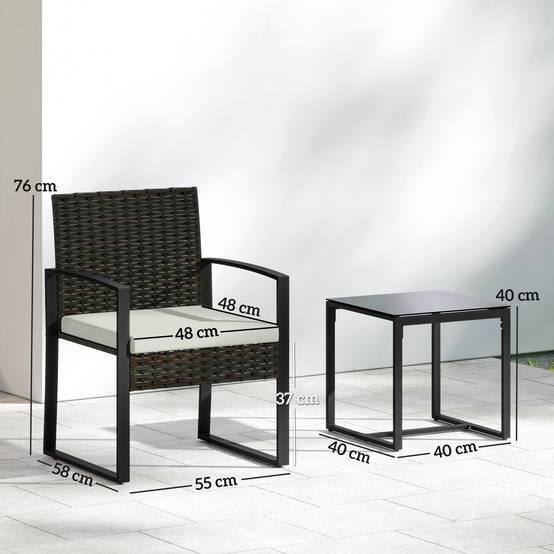 Ensemble bistro rotin 3 pièces : 2 fauteuils de jardin + table basse, coussins amovibles, crème blanc - Image 3