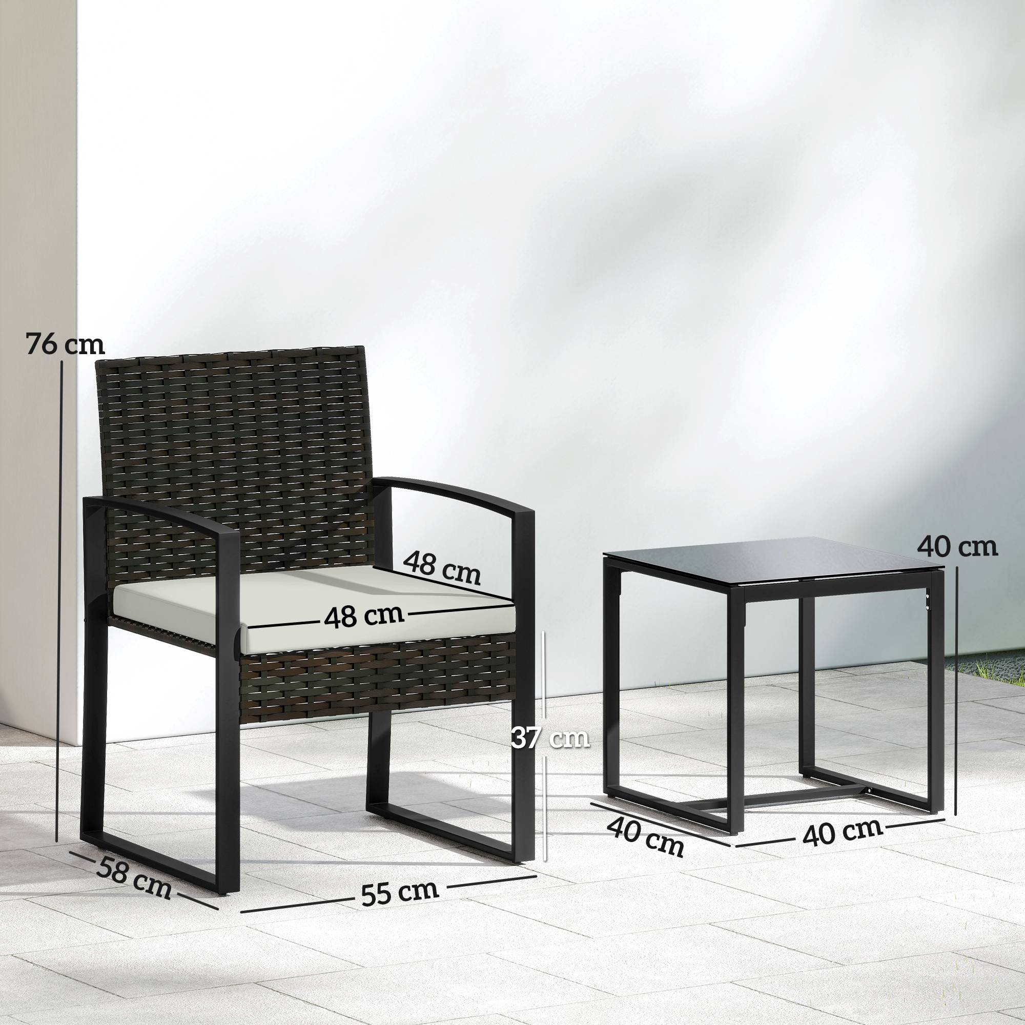 Ensemble bistro rotin 3 pièces : 2 fauteuils de jardin + table basse, coussins amovibles, crème blanc - Image 3