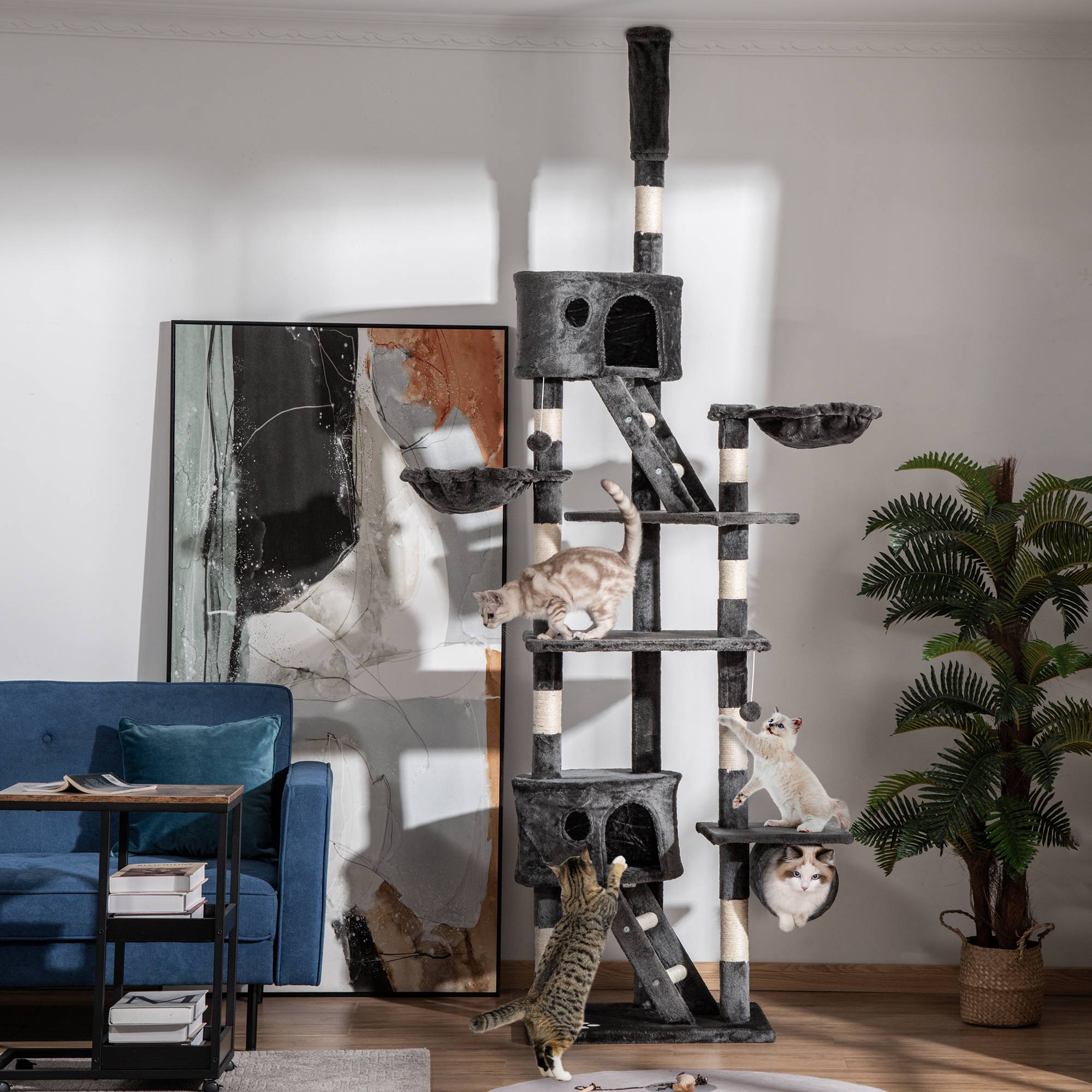 Sans Marque - Arbre à chat PawHut hauteur plafond 240-260 cm balles peluche grotte hamac poteaux sisal plateformes grands chats gris foncé - Image 3