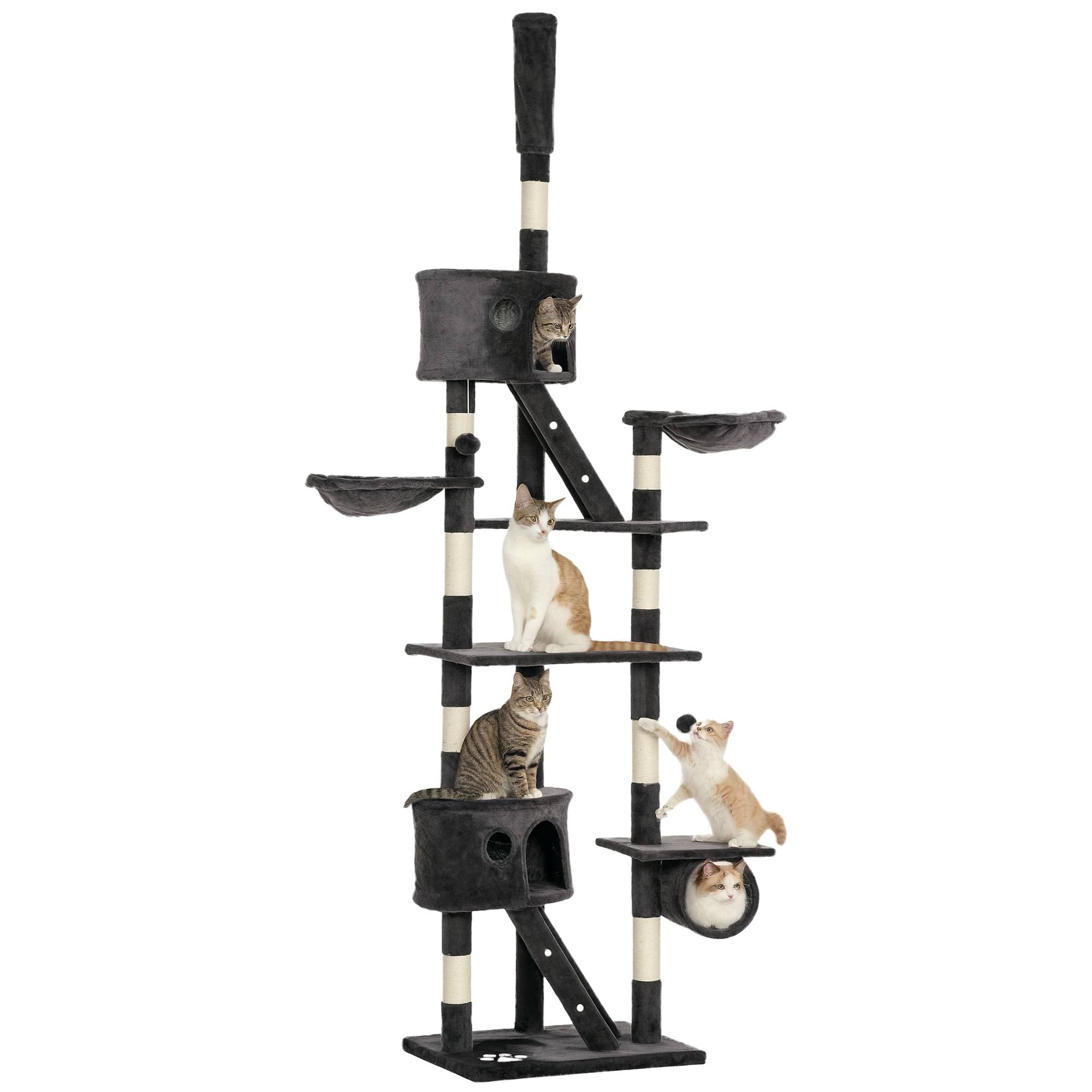 Sans Marque - Arbre à chat PawHut hauteur plafond 240-260 cm balles peluche grotte hamac poteaux sisal plateformes grands chats gris foncé - Image 1