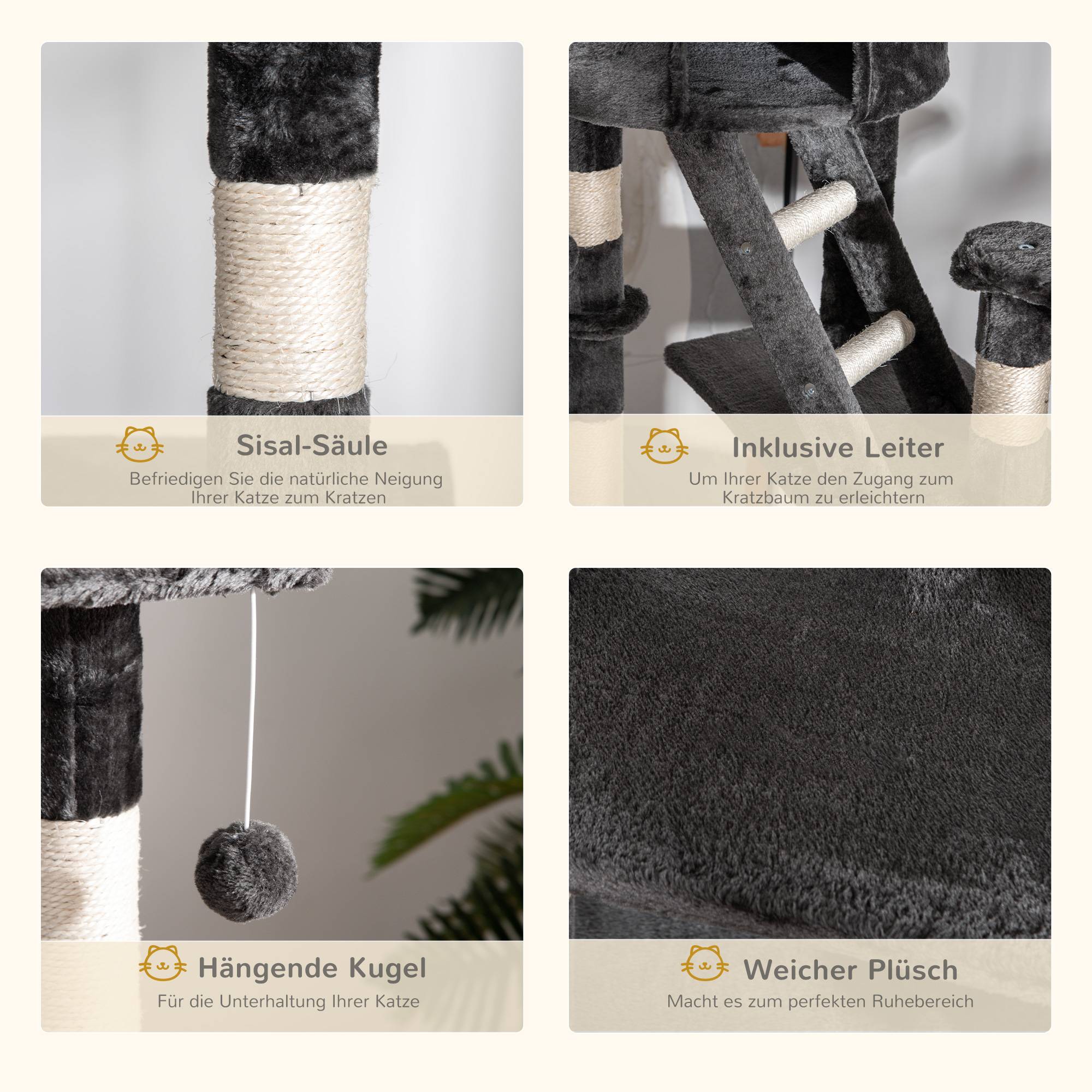 Sans Marque - Arbre à chat PawHut hauteur plafond 240-260 cm balles peluche grotte hamac poteaux sisal plateformes grands chats gris foncé - Image 8