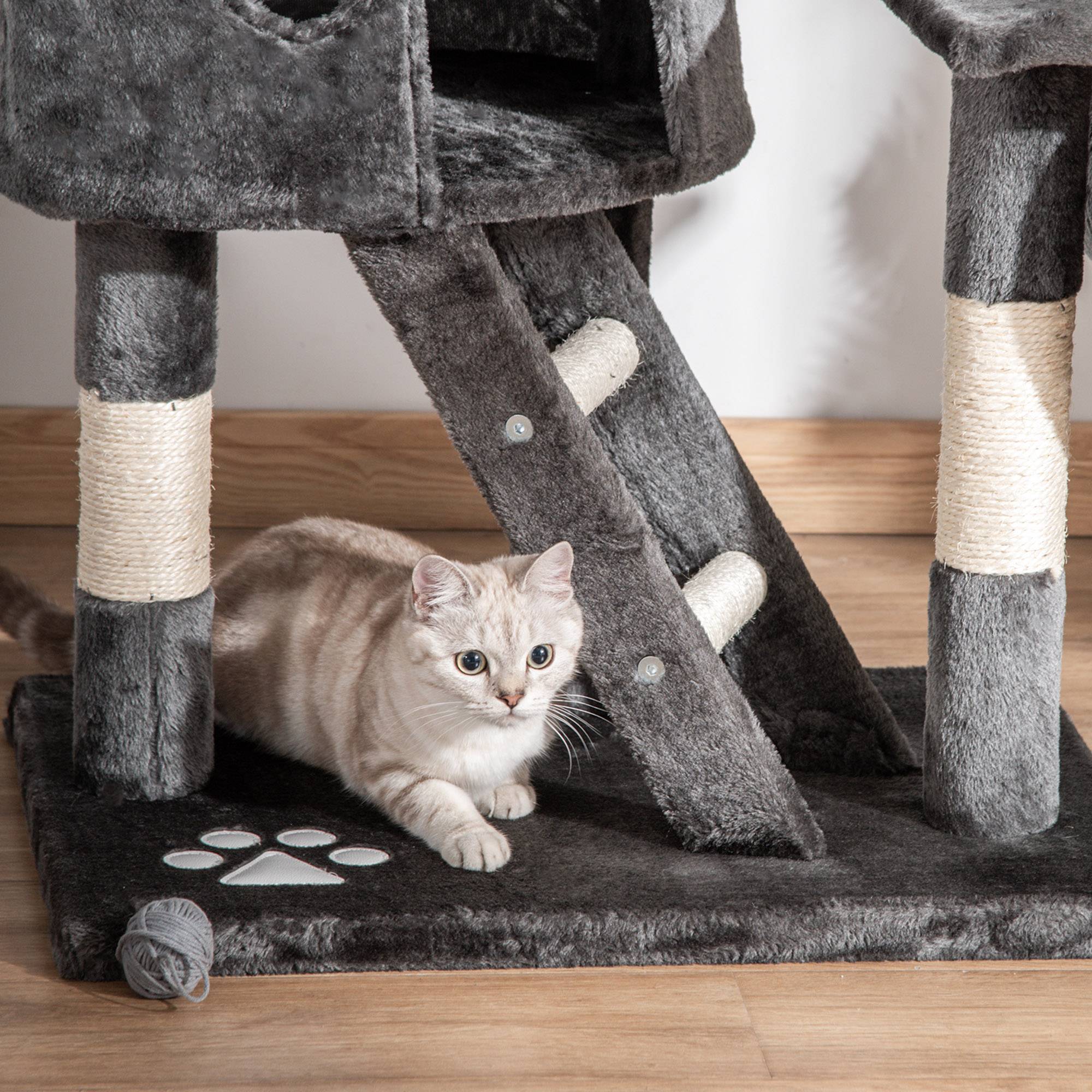 Sans Marque - Arbre à chat PawHut hauteur plafond 240-260 cm balles peluche grotte hamac poteaux sisal plateformes grands chats gris foncé - Image 10