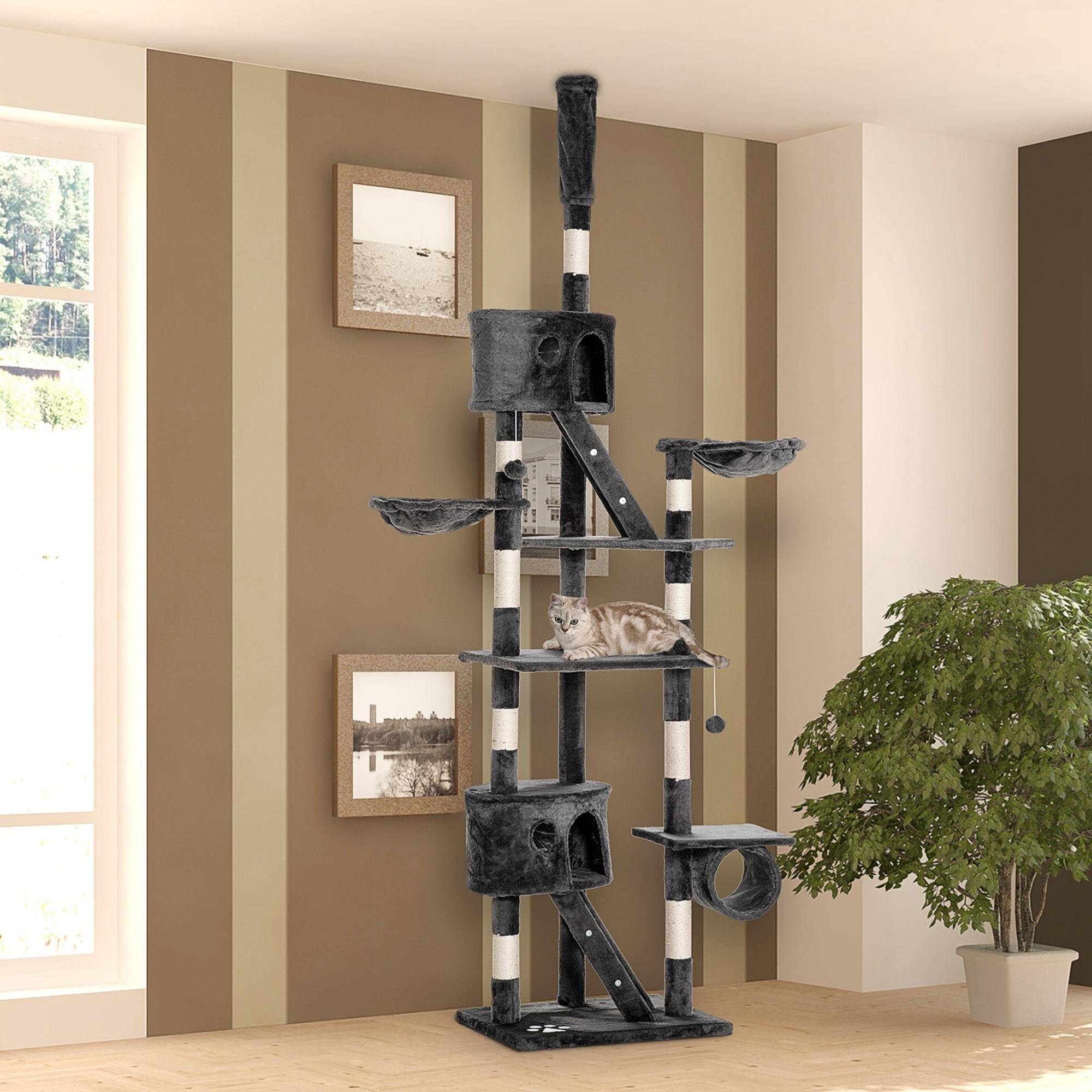 Sans Marque - Arbre à chat PawHut hauteur plafond 240-260 cm balles peluche grotte hamac poteaux sisal plateformes grands chats gris foncé - Image 4