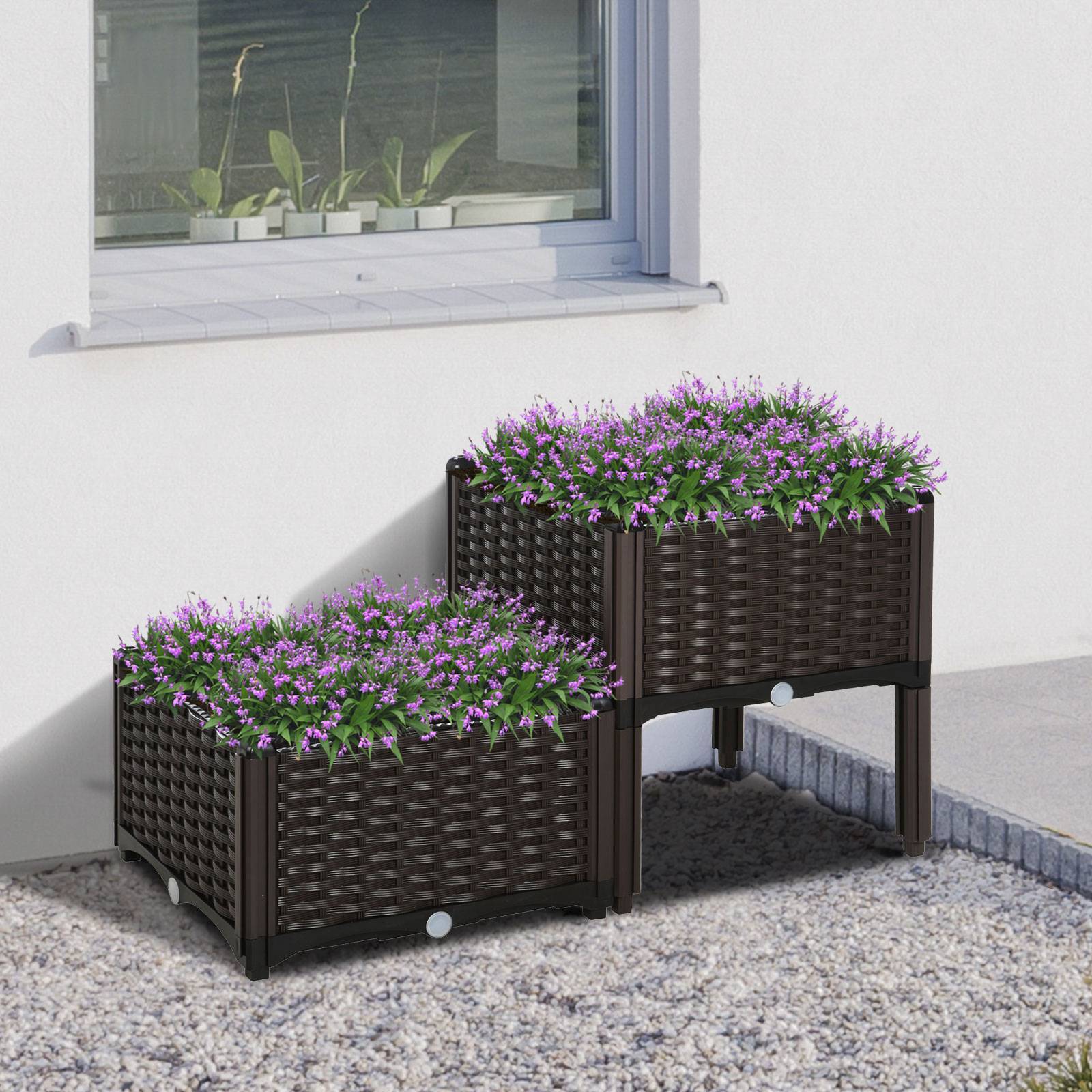 Lot de 2 pots marron 40x40x26/44 cm carrés avec pieds et drainages, accessoire design sobre pour plantes pratique et modulable - Image 2