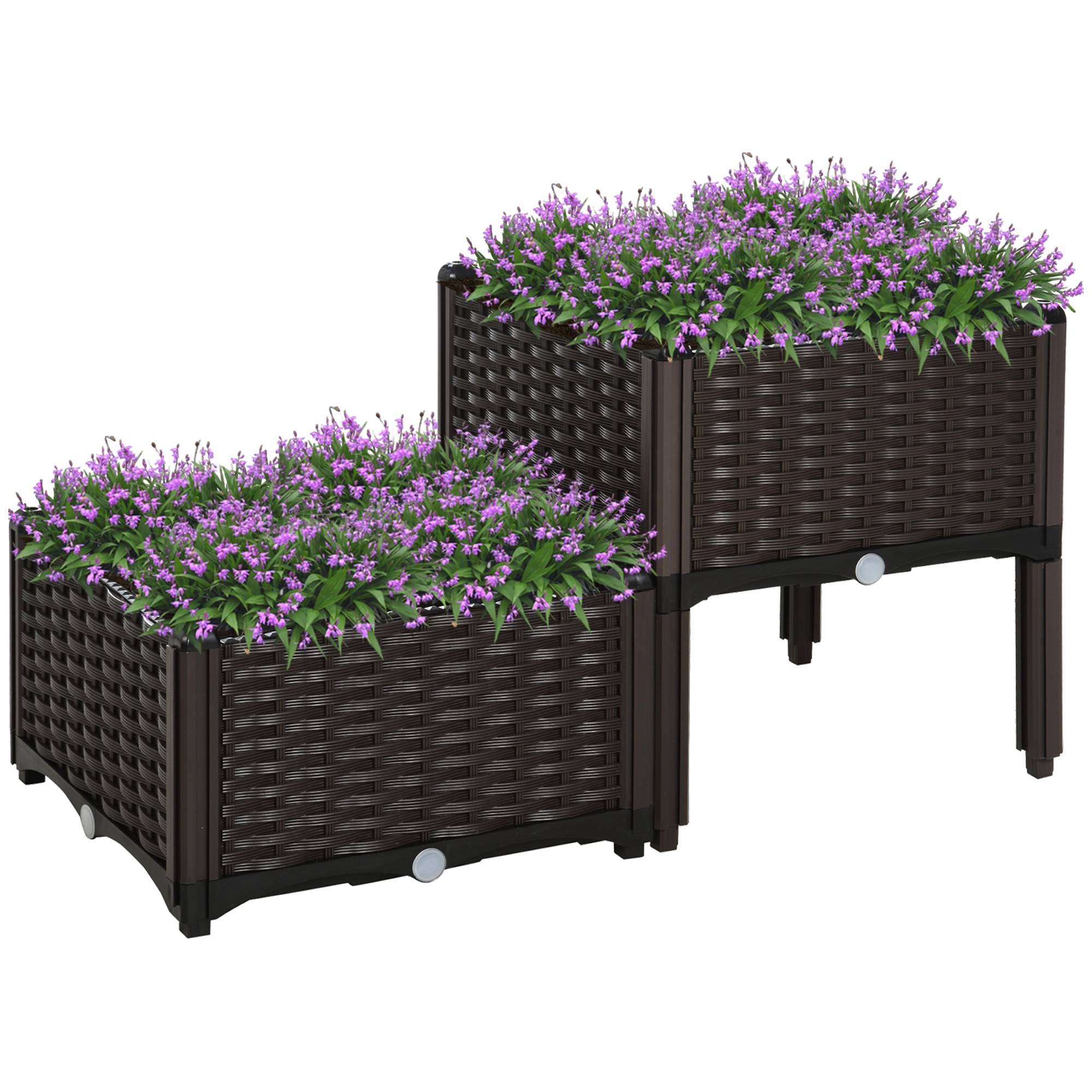 Lot de 2 pots marron 40x40x26/44 cm carrés avec pieds et drainages, accessoire design sobre pour plantes pratique et modulable - Image 1
