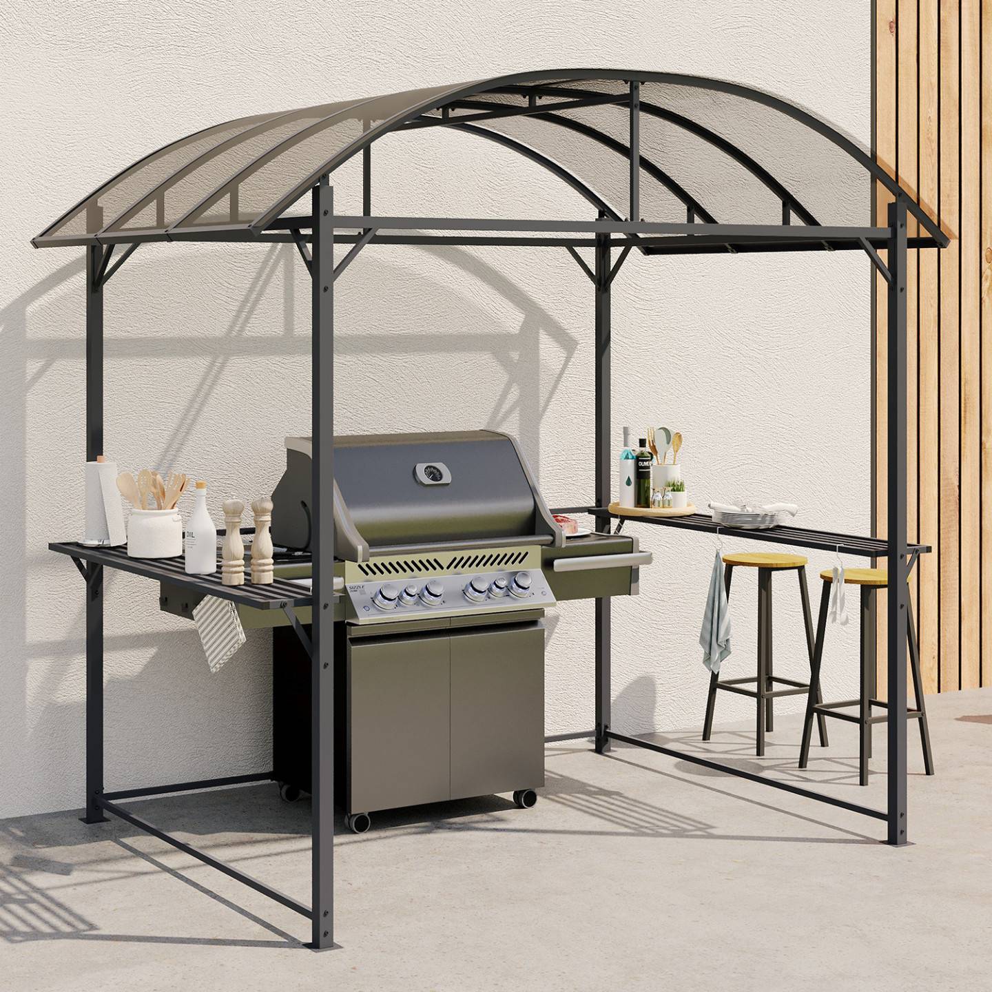 Abri pour barbecue 240 x 150 x 220 cm avec étagères, en métal gris et toit en polycarbonate - Image 1