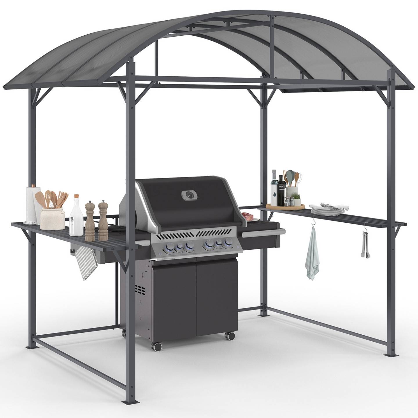 Abri pour barbecue 240 x 150 x 220 cm avec étagères, en métal gris et toit en polycarbonate - Image 2