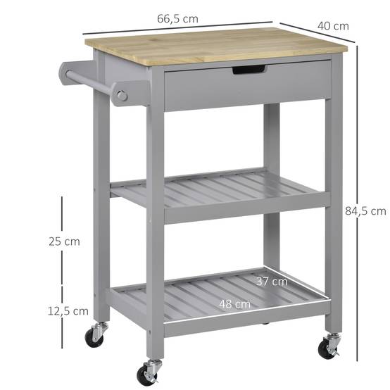 Desserte de service chariot de cuisine à roulettes avec plan de travail en bois hévéa - 2 étagères, 1 tiroir et 1 porte-torchon - Image 5
