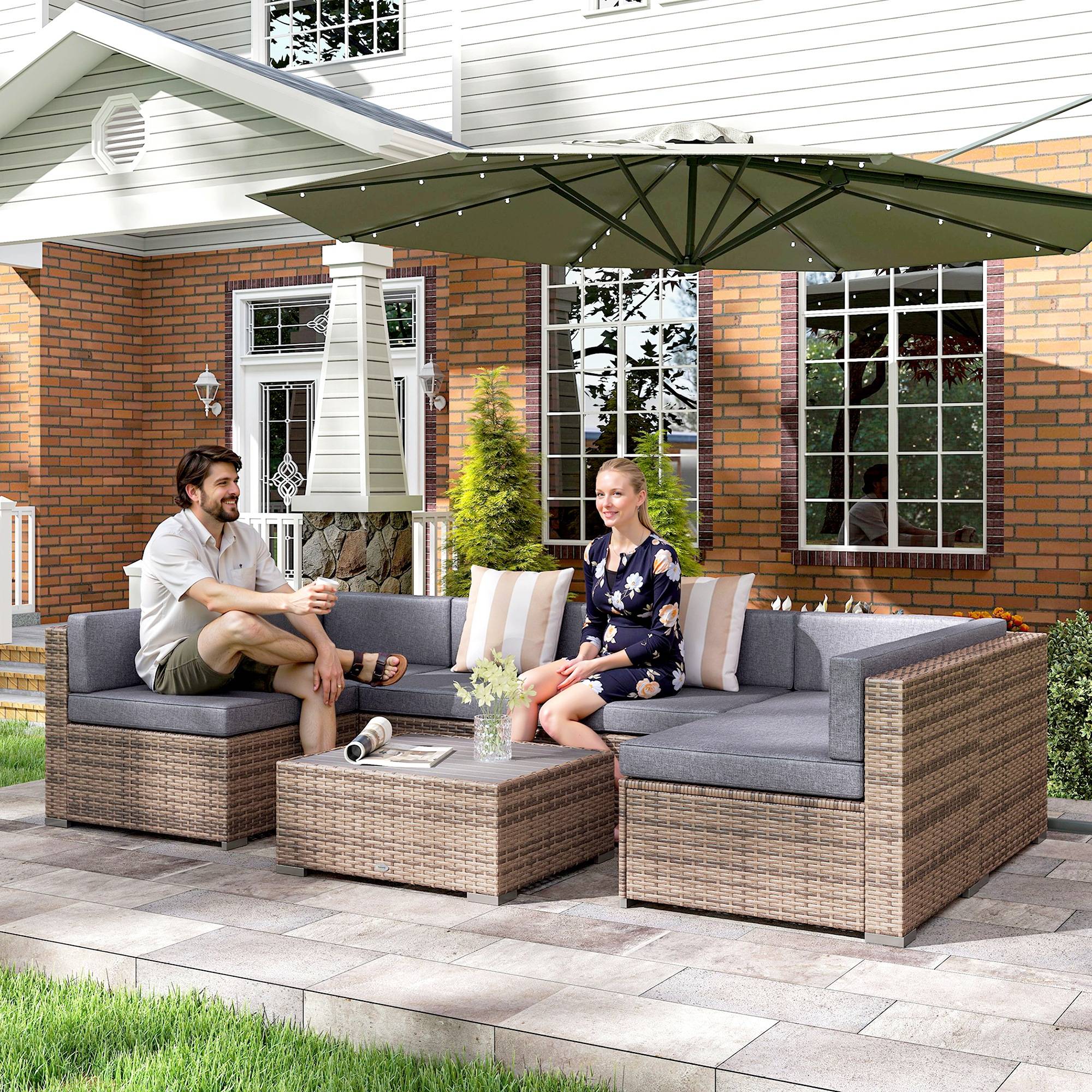 Salon de jardin rotin 7 pcs avec table et canapé modulable avec coussins, gris - Image 4