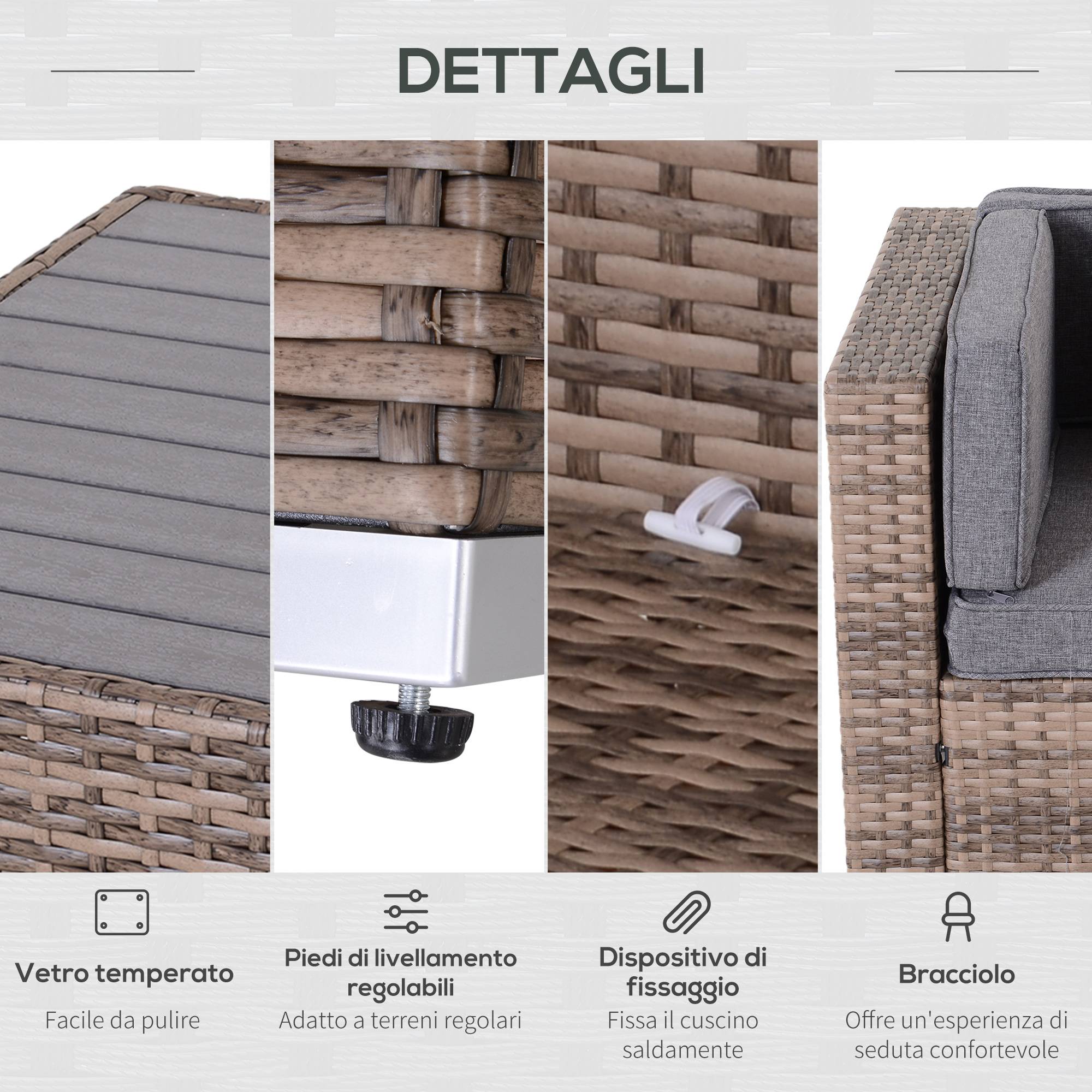 Salon de jardin rotin 7 pcs avec table et canapé modulable avec coussins, gris - Image 9