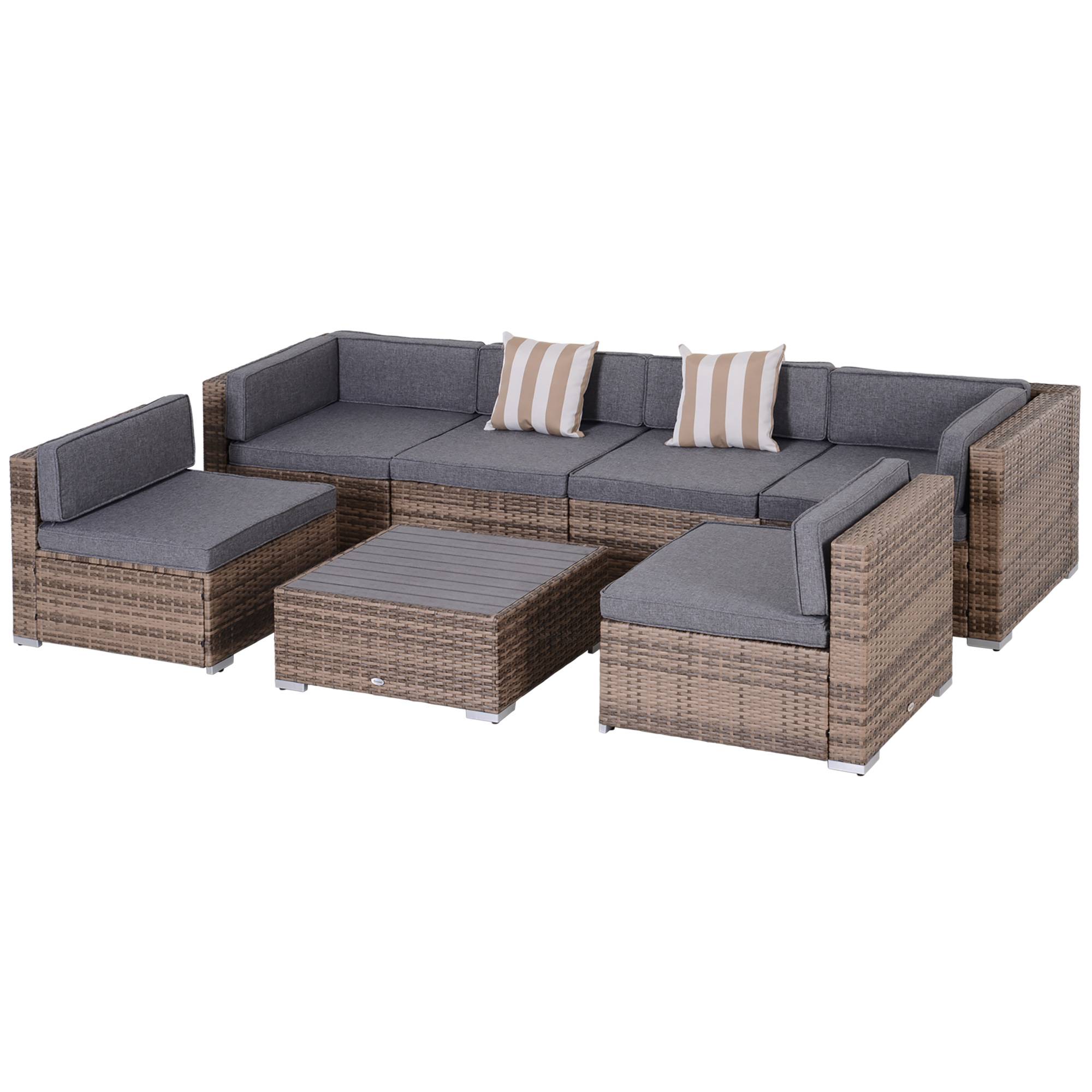 Salon de jardin rotin 7 pcs avec table et canapé modulable avec coussins, gris - Image 2
