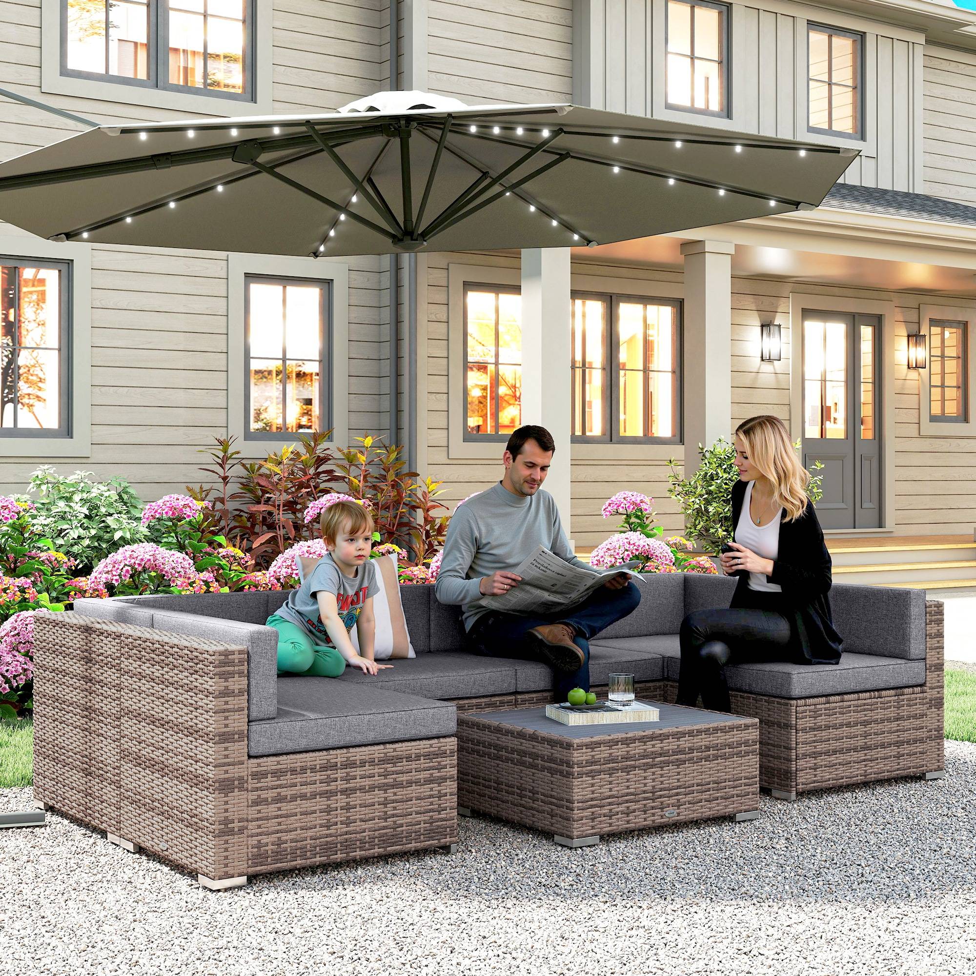 Salon de jardin rotin 7 pcs avec table et canapé modulable avec coussins, gris - Image 3