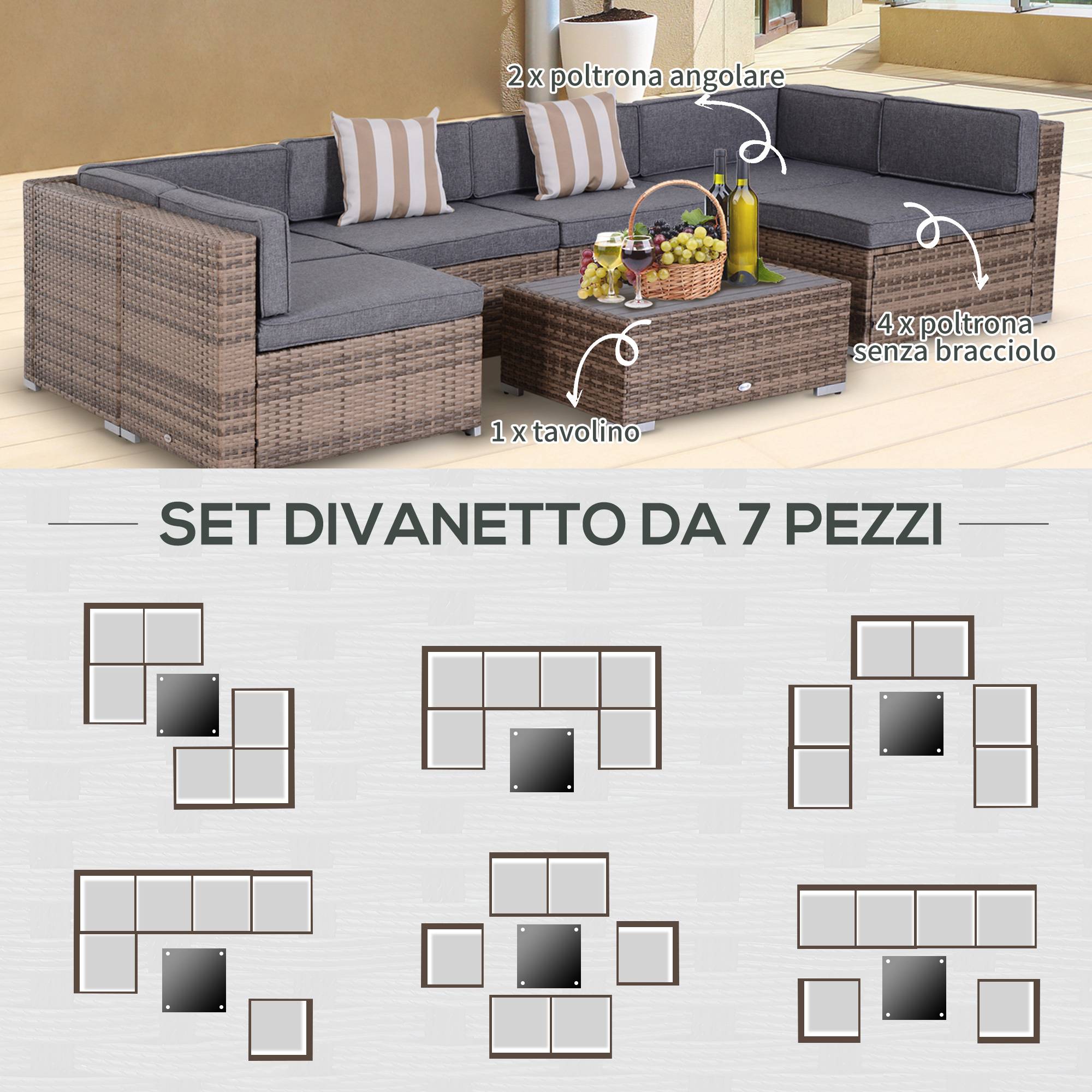 Salon de jardin rotin 7 pcs avec table et canapé modulable avec coussins, gris - Image 8