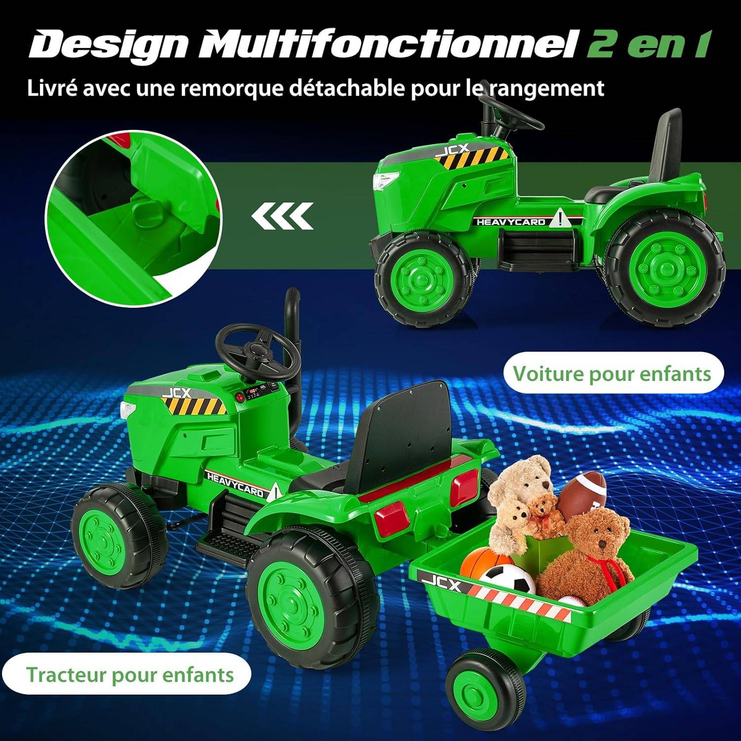 Tracteur Électrique Enfant 12V, Véhicule Électrique pour Enfants avec Remorque Amovible, Double Moteur, Phares LED, Musique, Klaxon, Ceinture, Télécommande Parentale, pour 3-8 Ans, Jaune Tracteur Électrique Enfant 12V, Véhicule Électrique pour Enfants avec Remorque Amovible, Double Moteur, Phares LED, Musique, Klaxon, Ceinture, Télécommande Parentale, pour 3-8 Ans, Jaune
