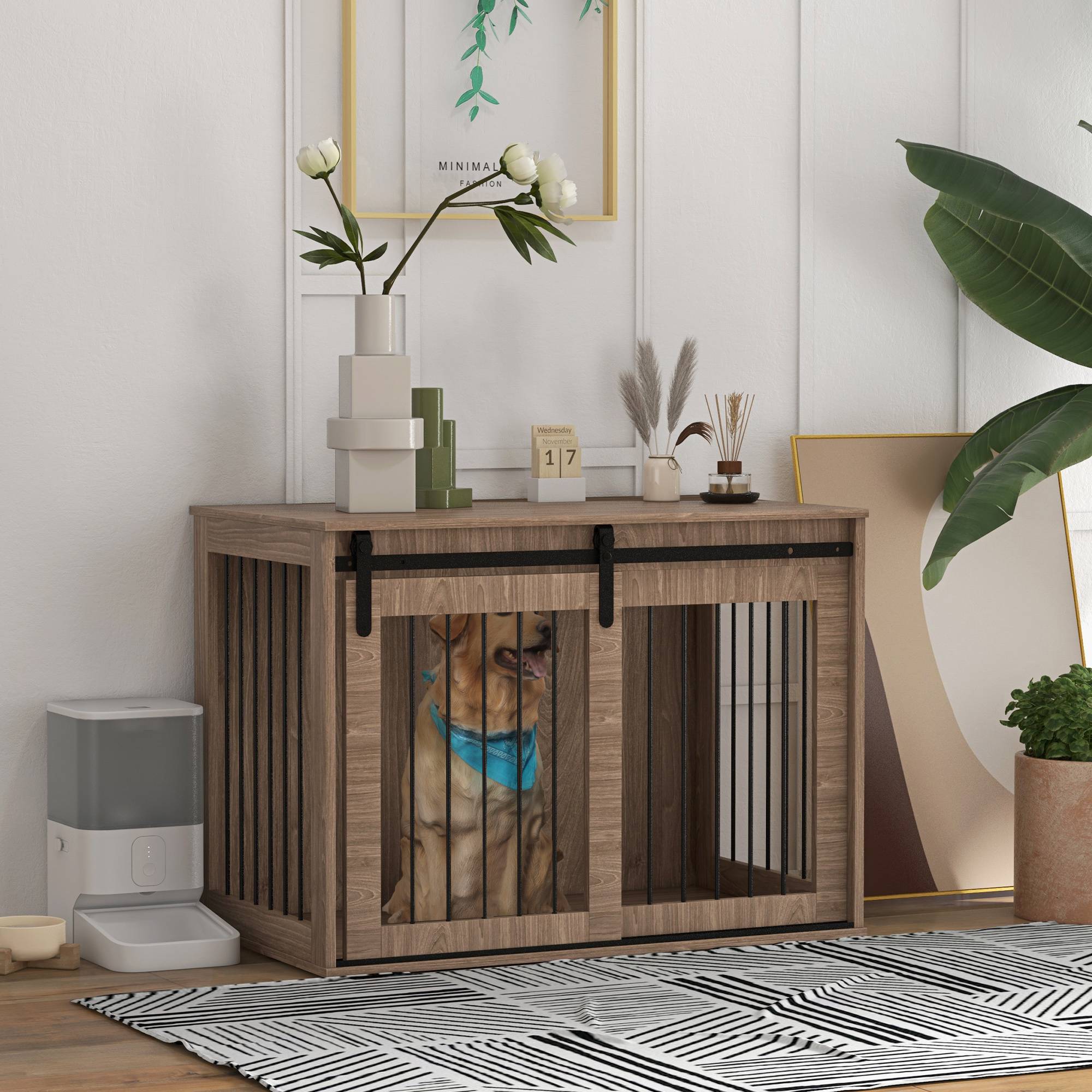 Cage pour chien verrouillable,finition bois,style rustique,98x58x61cm noyer et noir - Image 4