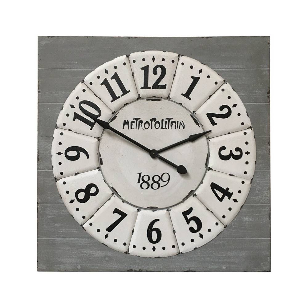 ~ Grande horloge murale décorative vintage salon bois blanc gris 96 cm Chemin de campagne