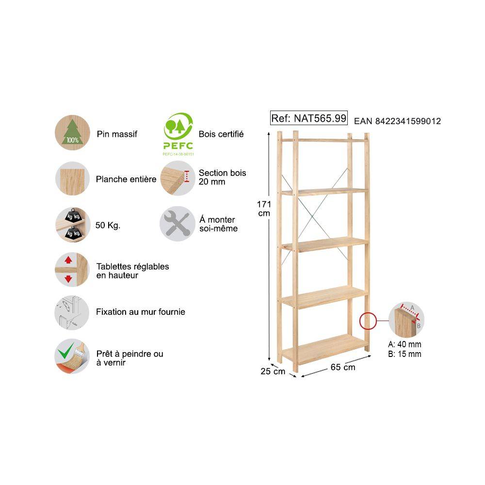 Etagère Natura 5 tablettes et montants à lattes - Imagen 3