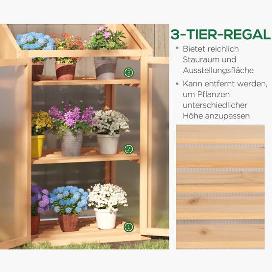 Mini Serre Châssis Bois 3 Étagères Double Porte Jardin Balcon 70x50x120cm - ComfortXL Outdoor Living - Image 5
