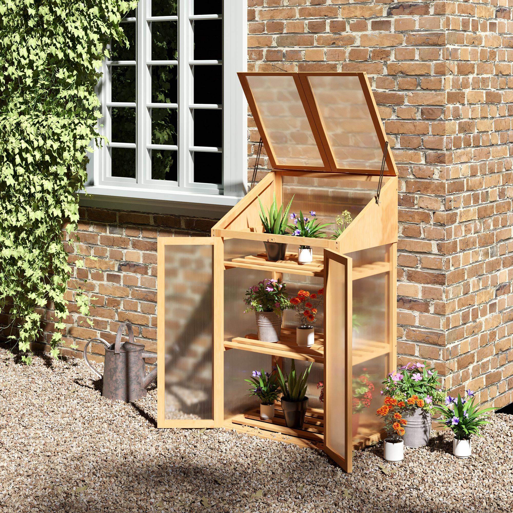 Mini Serre Châssis Bois 3 Étagères Double Porte Jardin Balcon 70x50x120cm - ComfortXL Outdoor Living - Image 1