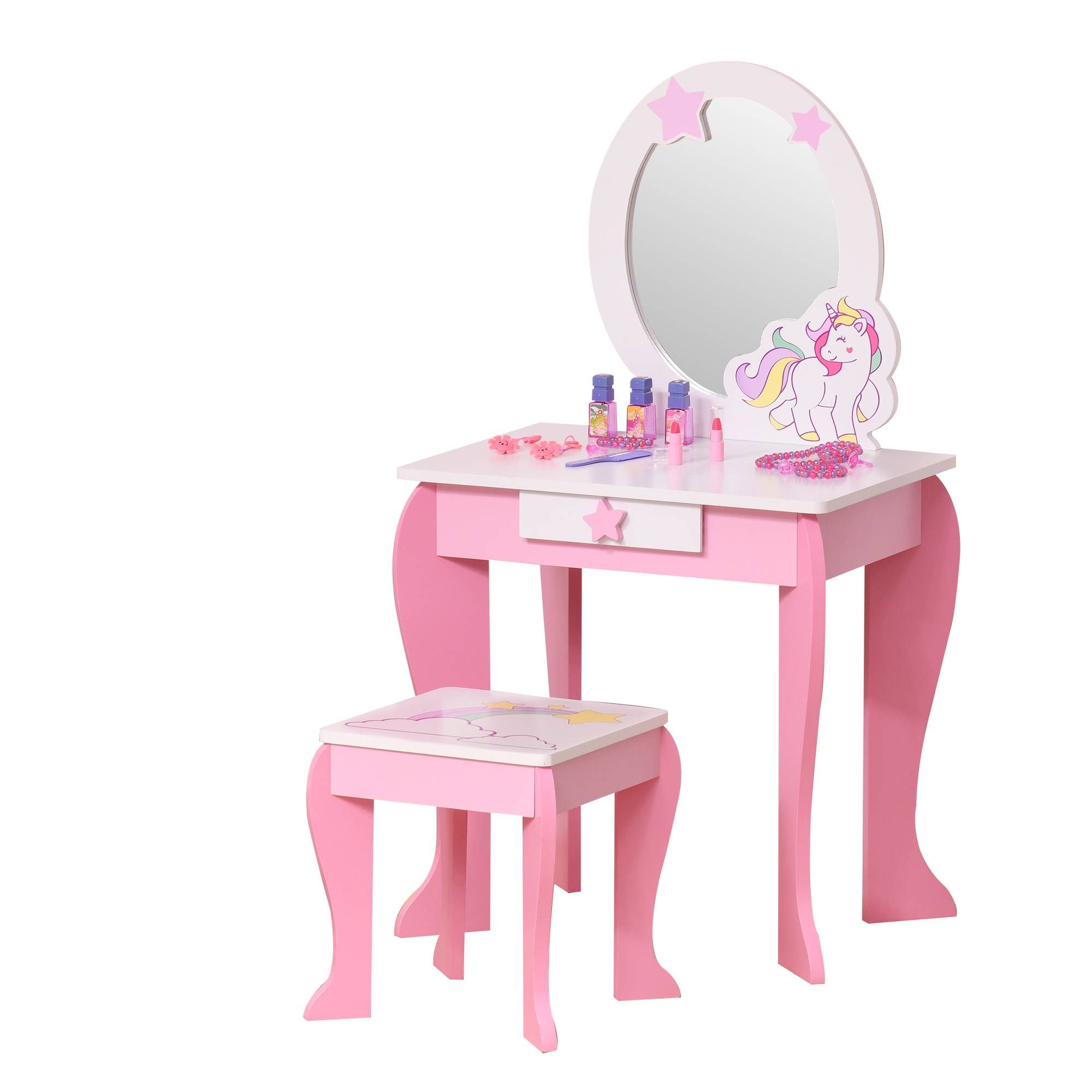 Sans Marque - Miroir jouet avec tiroir et tabouret de jeu pour filles de 3 à 6 ans - Image 2